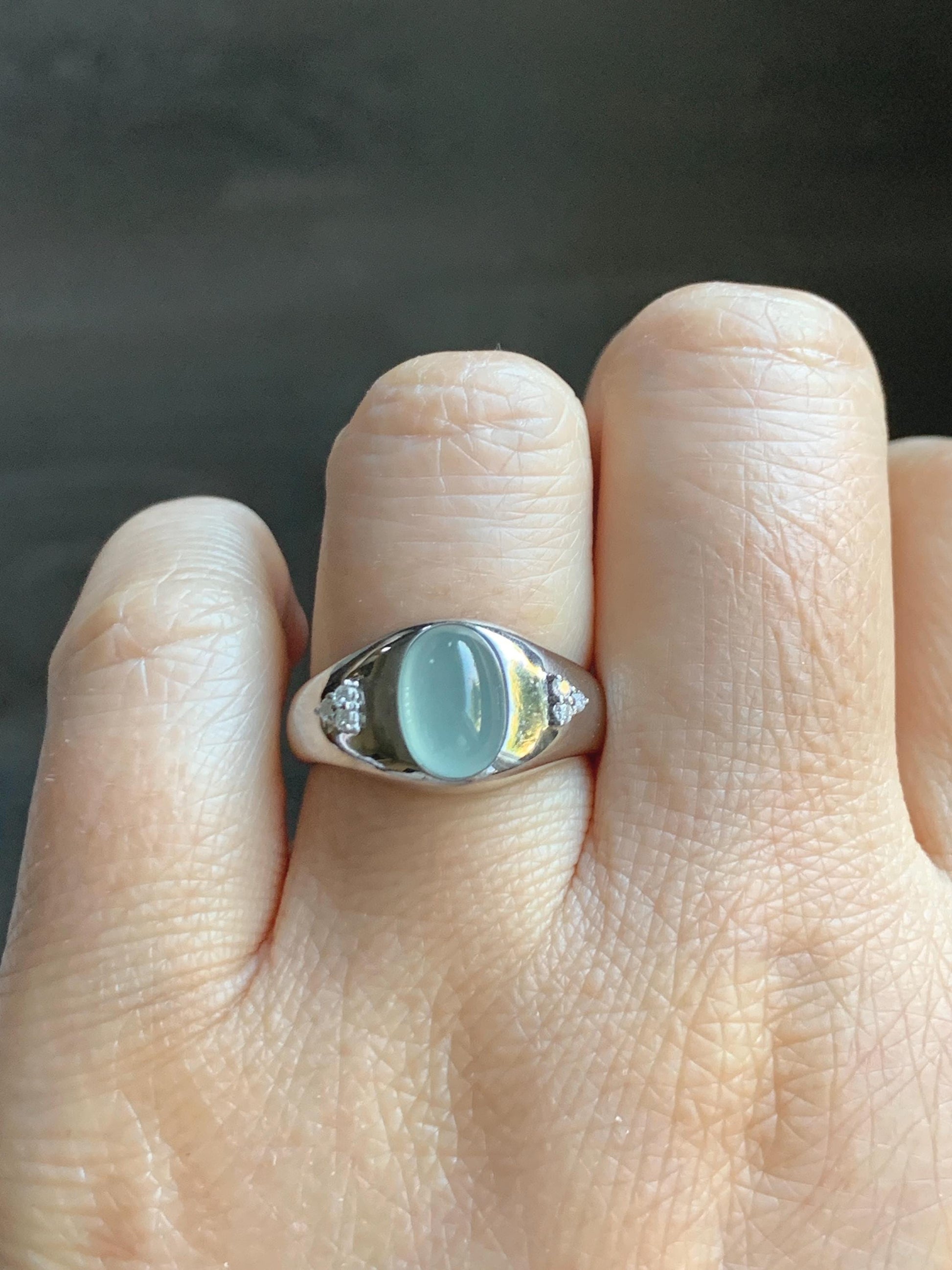 Certified Natural Grade A Guatemalan Icy Translucent Pastel Teal Blue Oval Jade Jadeite Ring Sterling Silver size 7.25 天然冰危淡蓝底翡翠镶嵌戒指 180