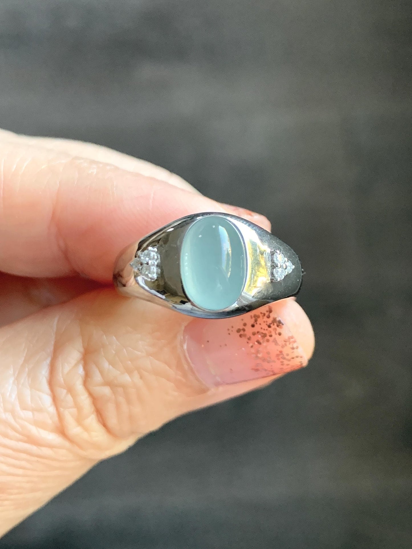 Certified Natural Grade A Guatemalan Icy Translucent Pastel Teal Blue Oval Jade Jadeite Ring Sterling Silver size 7.25 天然冰危淡蓝底翡翠镶嵌戒指 180