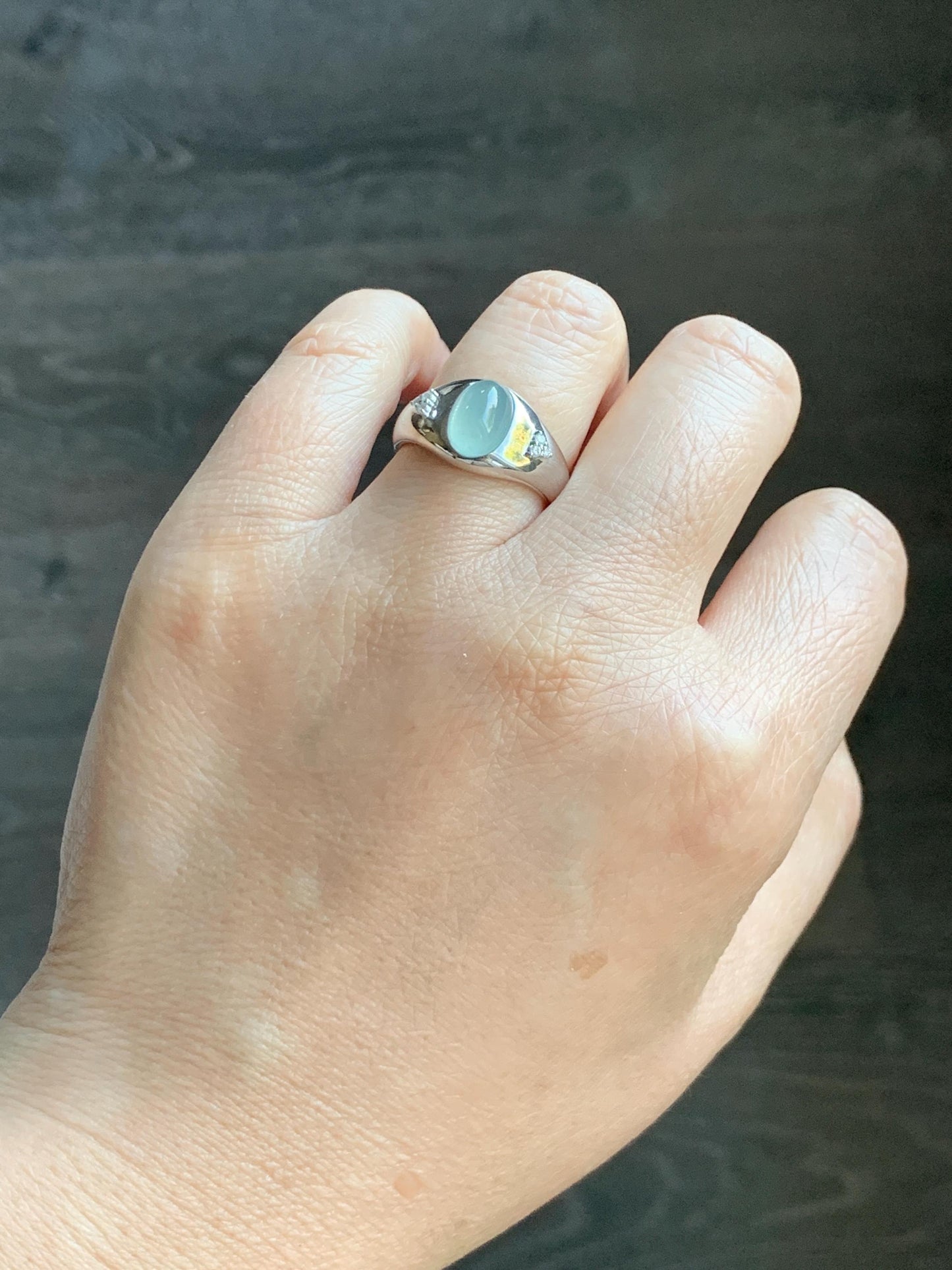 Certified Natural Grade A Guatemalan Icy Translucent Pastel Teal Blue Oval Jade Jadeite Ring Sterling Silver size 7.25 天然冰危淡蓝底翡翠镶嵌戒指 180