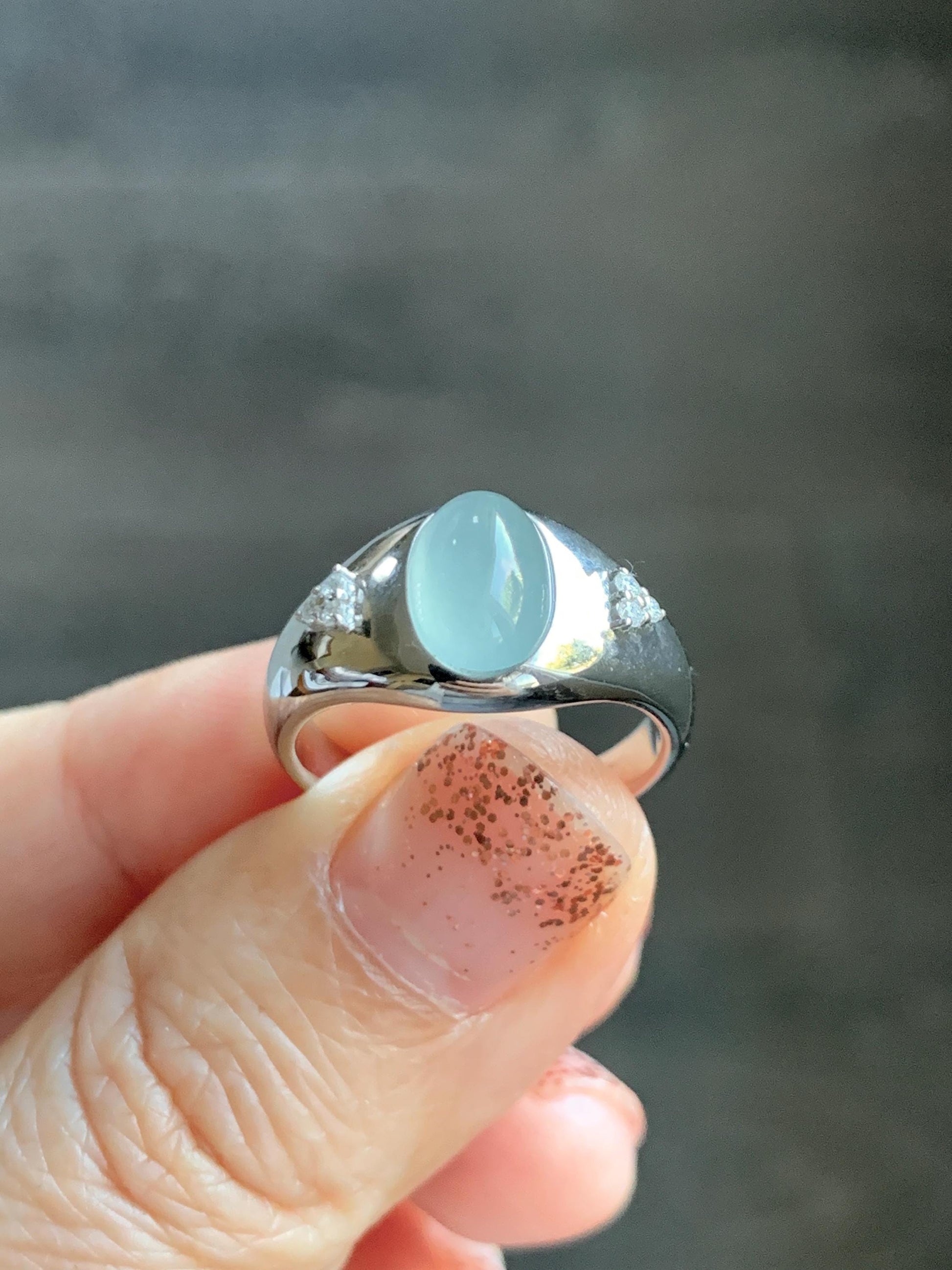 Certified Natural Grade A Guatemalan Icy Translucent Pastel Teal Blue Oval Jade Jadeite Ring Sterling Silver size 7.25 天然冰危淡蓝底翡翠镶嵌戒指 180