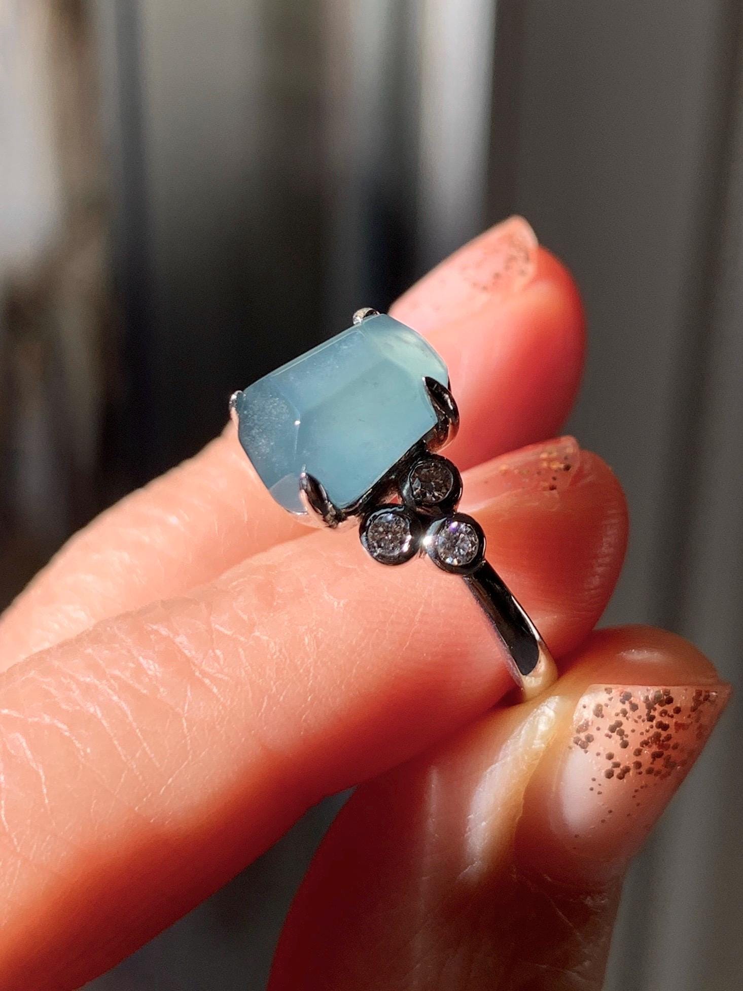 Certified Natural Grade A Guatemalan Icy Translucent Dark Teal Green Jade Jadeite Ring Sterling Silver size 7.25 天然冰危深蓝绿切割翡翠镶嵌戒指 187