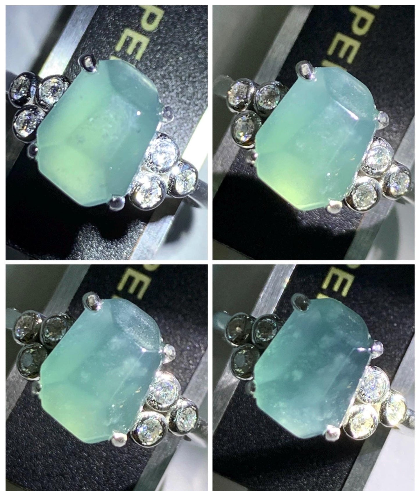 Certified Natural Grade A Guatemalan Icy Translucent Dark Teal Green Jade Jadeite Ring Sterling Silver size 7.25 天然冰危深蓝绿切割翡翠镶嵌戒指 187
