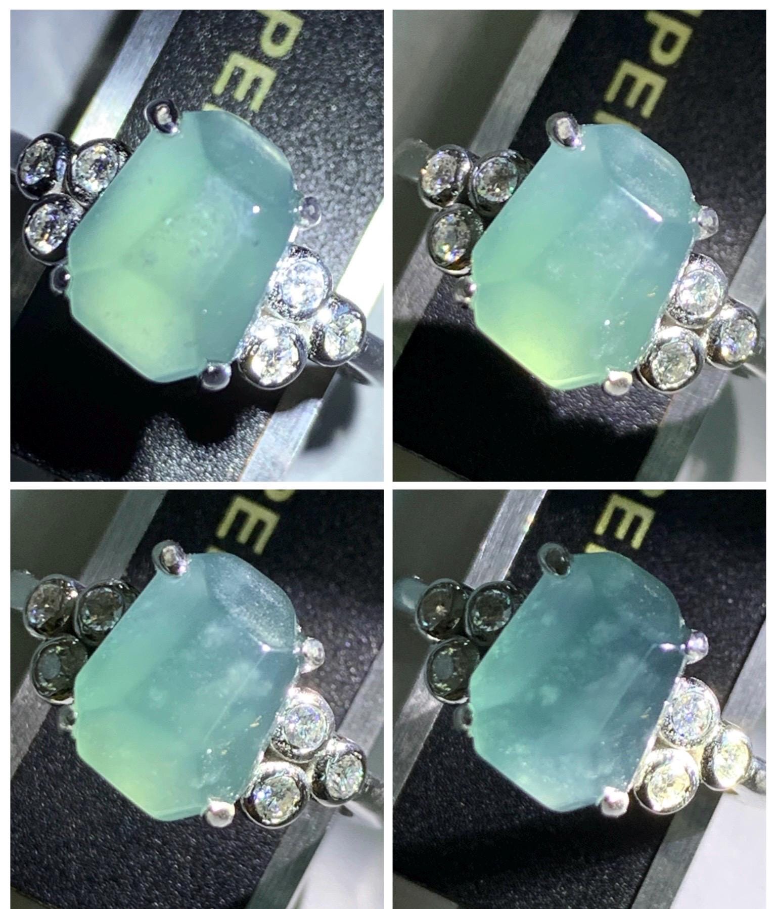 Certified Natural Grade A Guatemalan Icy Translucent Dark Teal Green Jade Jadeite Ring Sterling Silver size 7.25 天然冰危深蓝绿切割翡翠镶嵌戒指 187