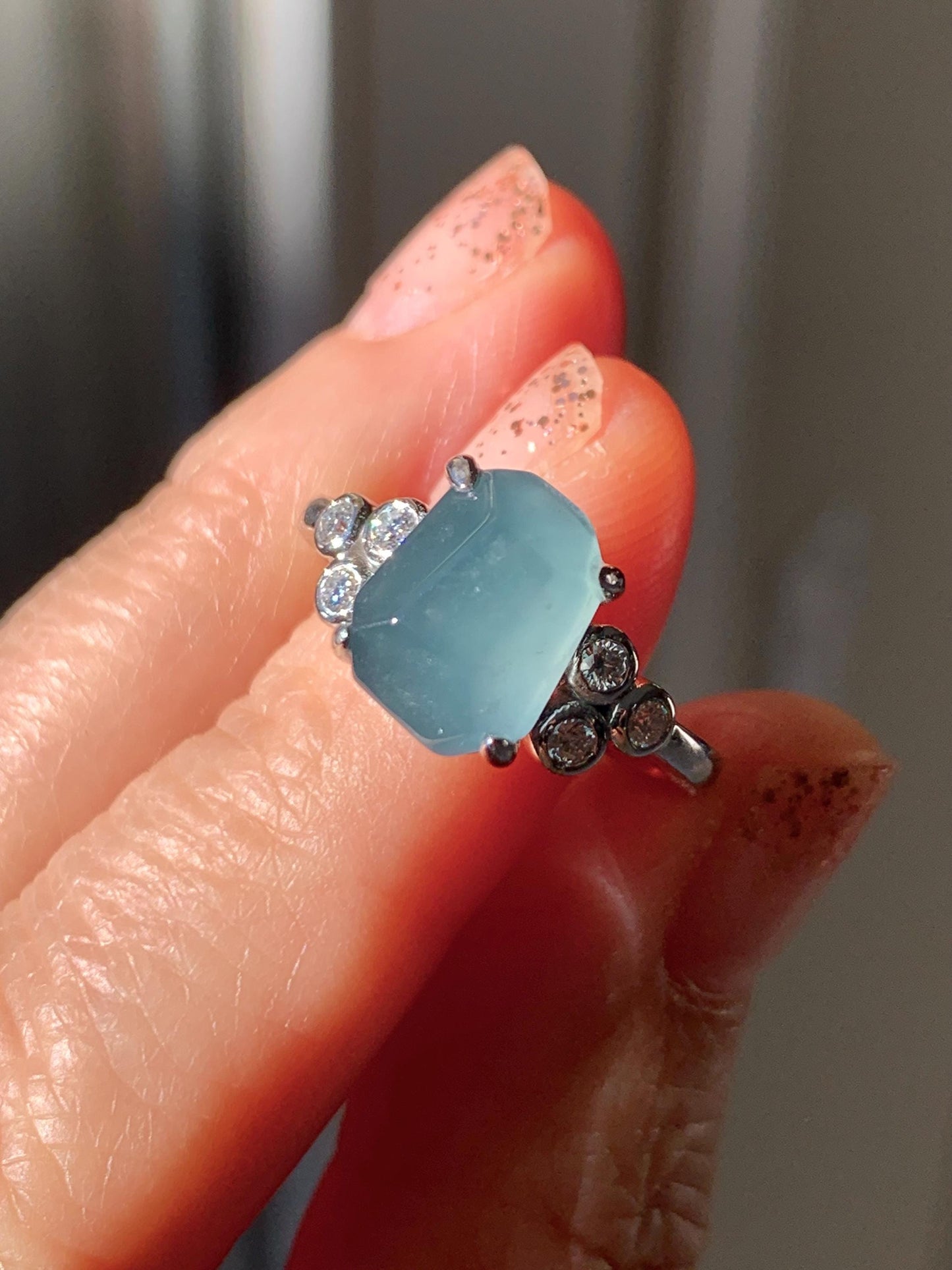 Certified Natural Grade A Guatemalan Icy Translucent Dark Teal Green Jade Jadeite Ring Sterling Silver size 7.25 天然冰危深蓝绿切割翡翠镶嵌戒指 187