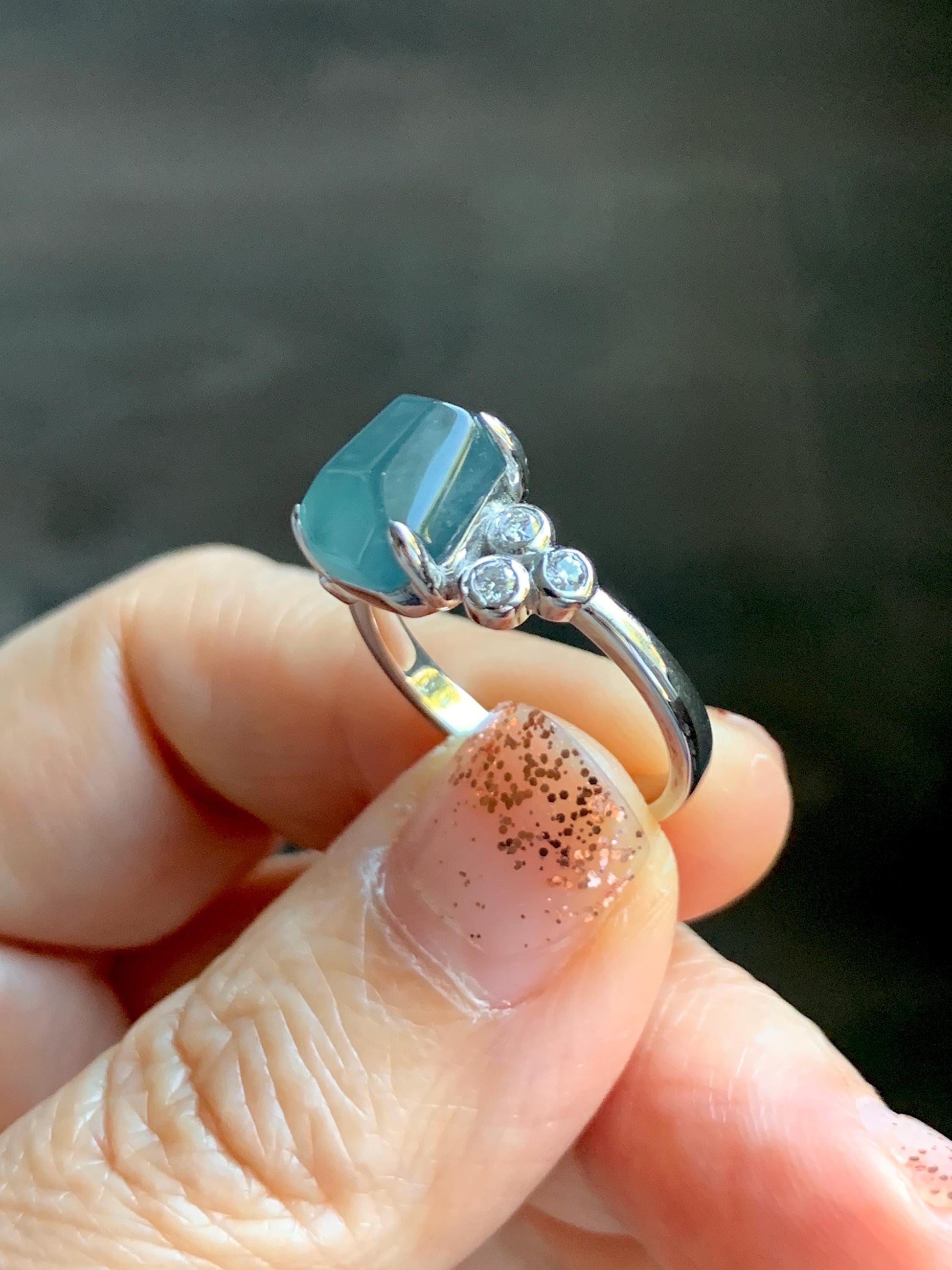 Certified Natural Grade A Guatemalan Icy Translucent Dark Teal Green Jade Jadeite Ring Sterling Silver size 7.25 天然冰危深蓝绿切割翡翠镶嵌戒指 187