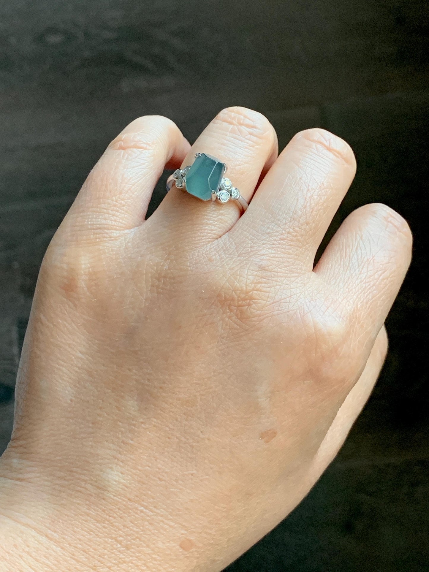 Certified Natural Grade A Guatemalan Icy Translucent Dark Teal Green Jade Jadeite Ring Sterling Silver size 7.25 天然冰危深蓝绿切割翡翠镶嵌戒指 187