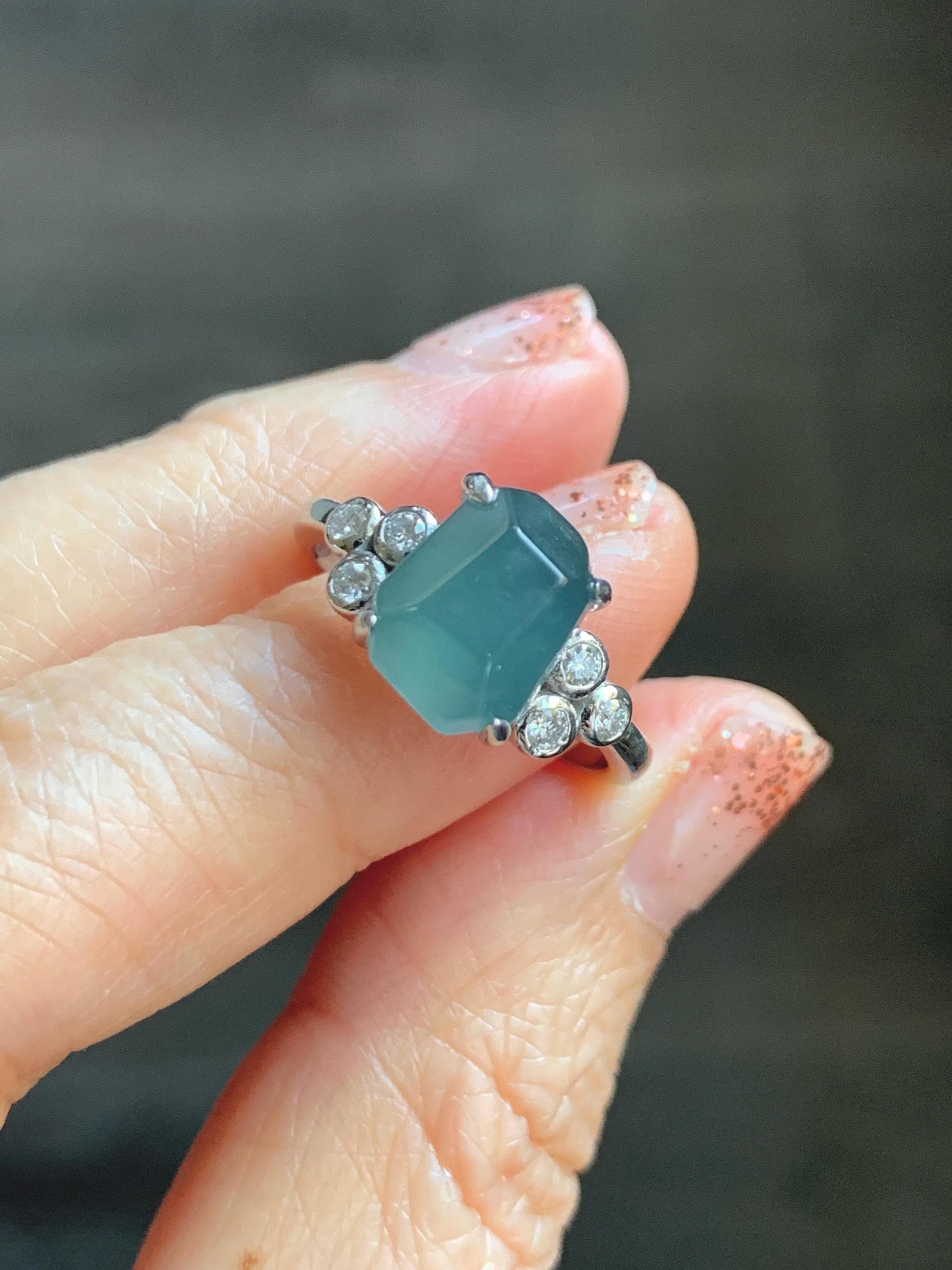 Certified Natural Grade A Guatemalan Icy Translucent Dark Teal Green Jade Jadeite Ring Sterling Silver size 7.25 天然冰危深蓝绿切割翡翠镶嵌戒指 187