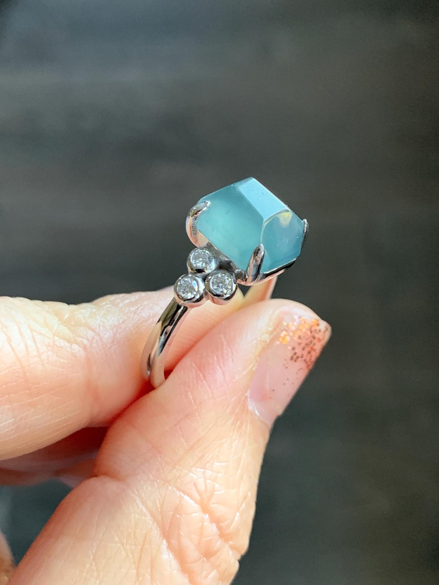 Certified Natural Grade A Guatemalan Icy Translucent Dark Teal Green Jade Jadeite Ring Sterling Silver size 7.25 天然冰危深蓝绿切割翡翠镶嵌戒指 187
