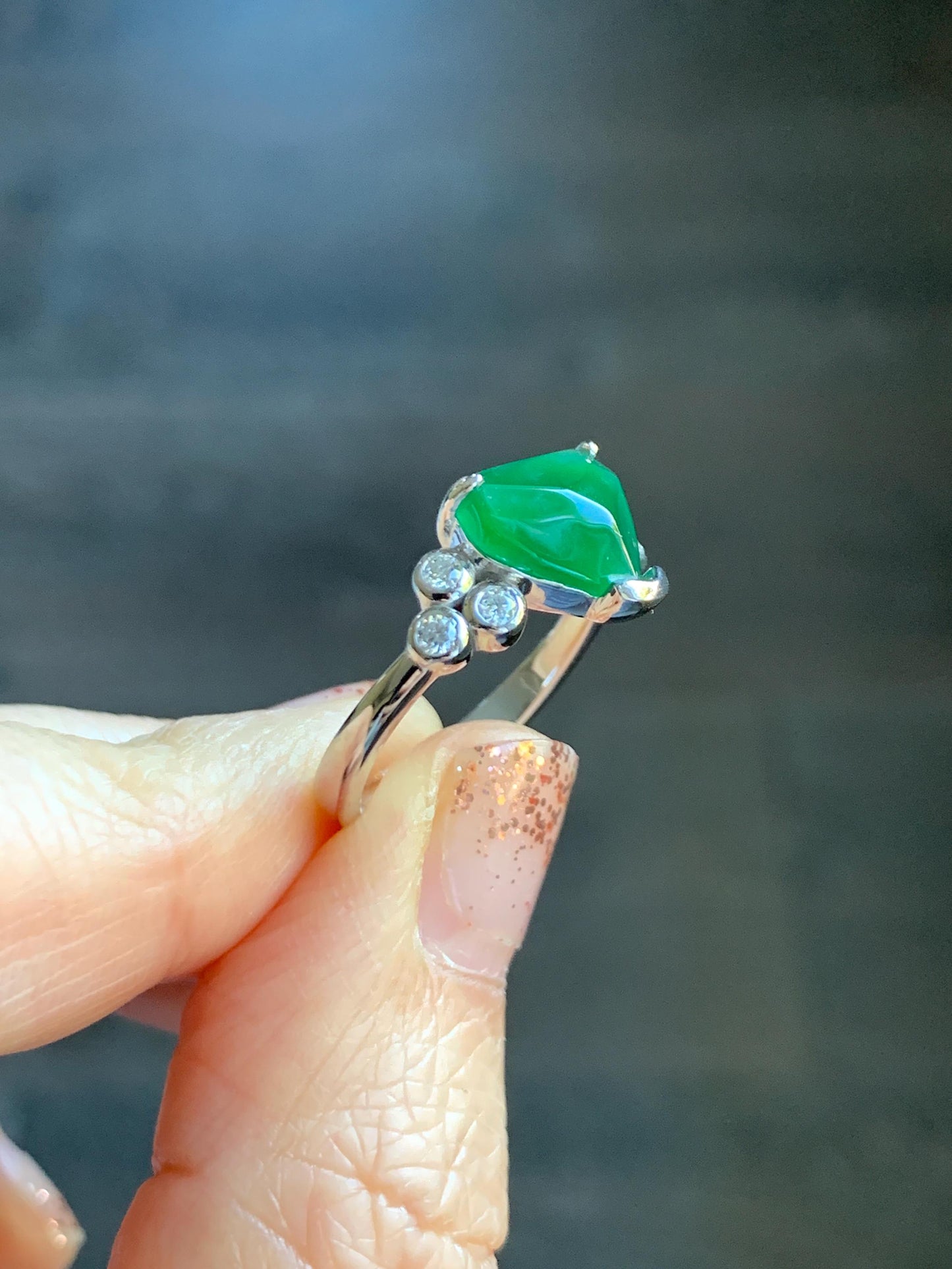 Certified Natural Grade A Guatemalan Icy Translucent Dark Teal Green Jade Jadeite Ring Sterling Silver size 7.25 天然冰危深蓝绿切割翡翠镶嵌戒指 187