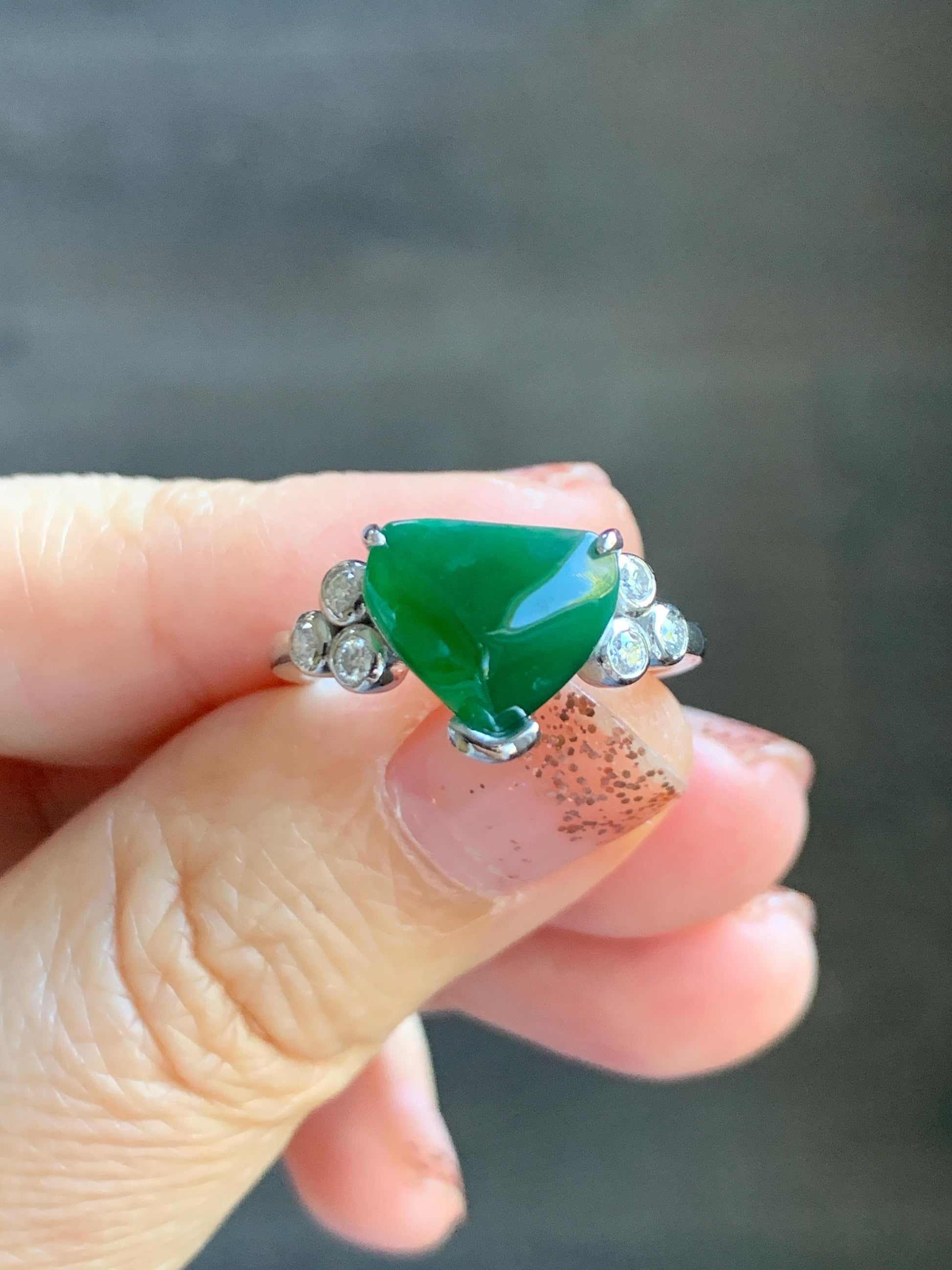 Certified Natural Grade A Guatemalan Icy Translucent Dark Teal Green Jade Jadeite Ring Sterling Silver size 7.25 天然冰危深蓝绿切割翡翠镶嵌戒指 187