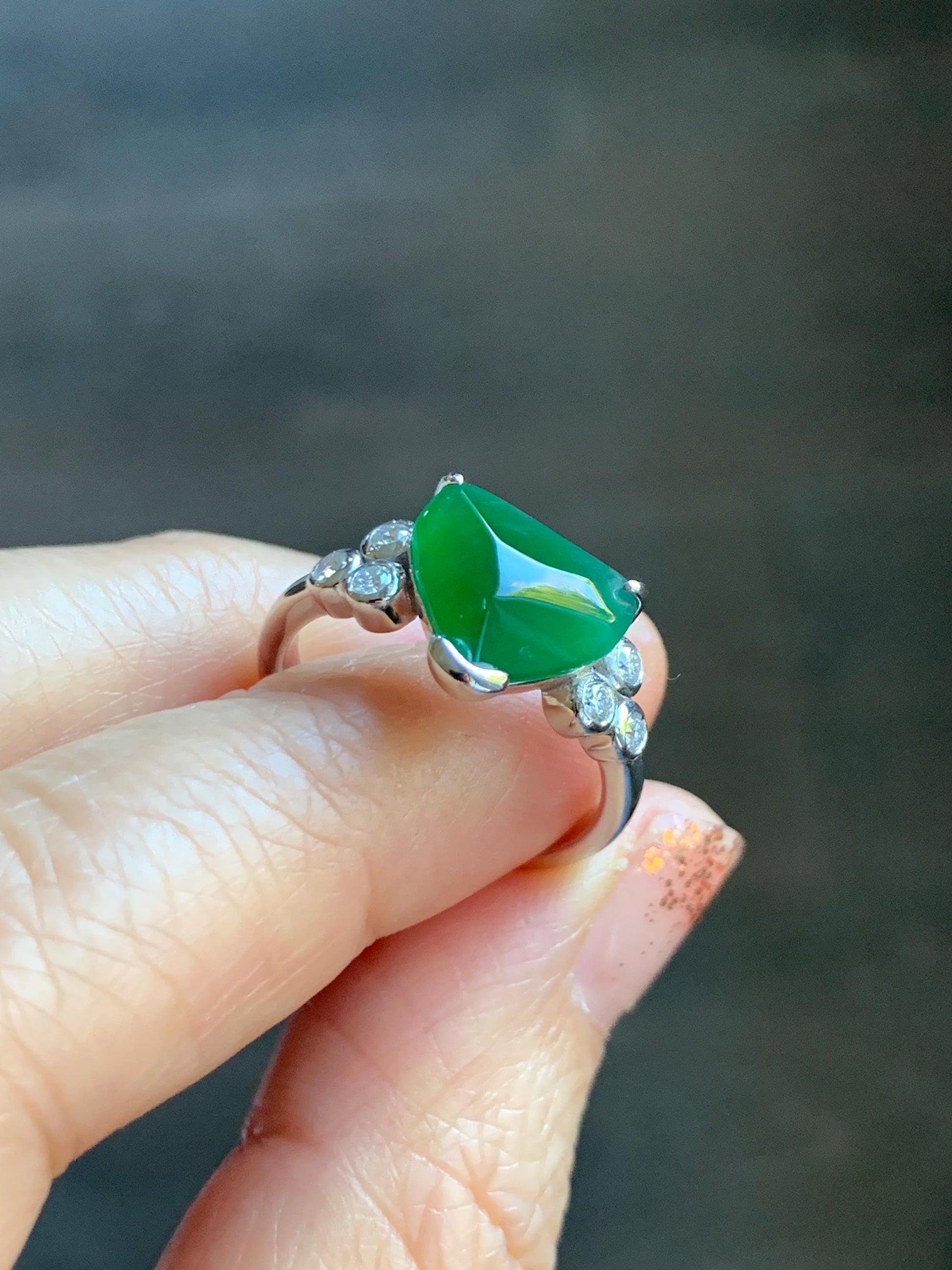Certified Natural Grade A Guatemalan Icy Translucent Dark Teal Green Jade Jadeite Ring Sterling Silver size 7.25 天然冰危深蓝绿切割翡翠镶嵌戒指 187