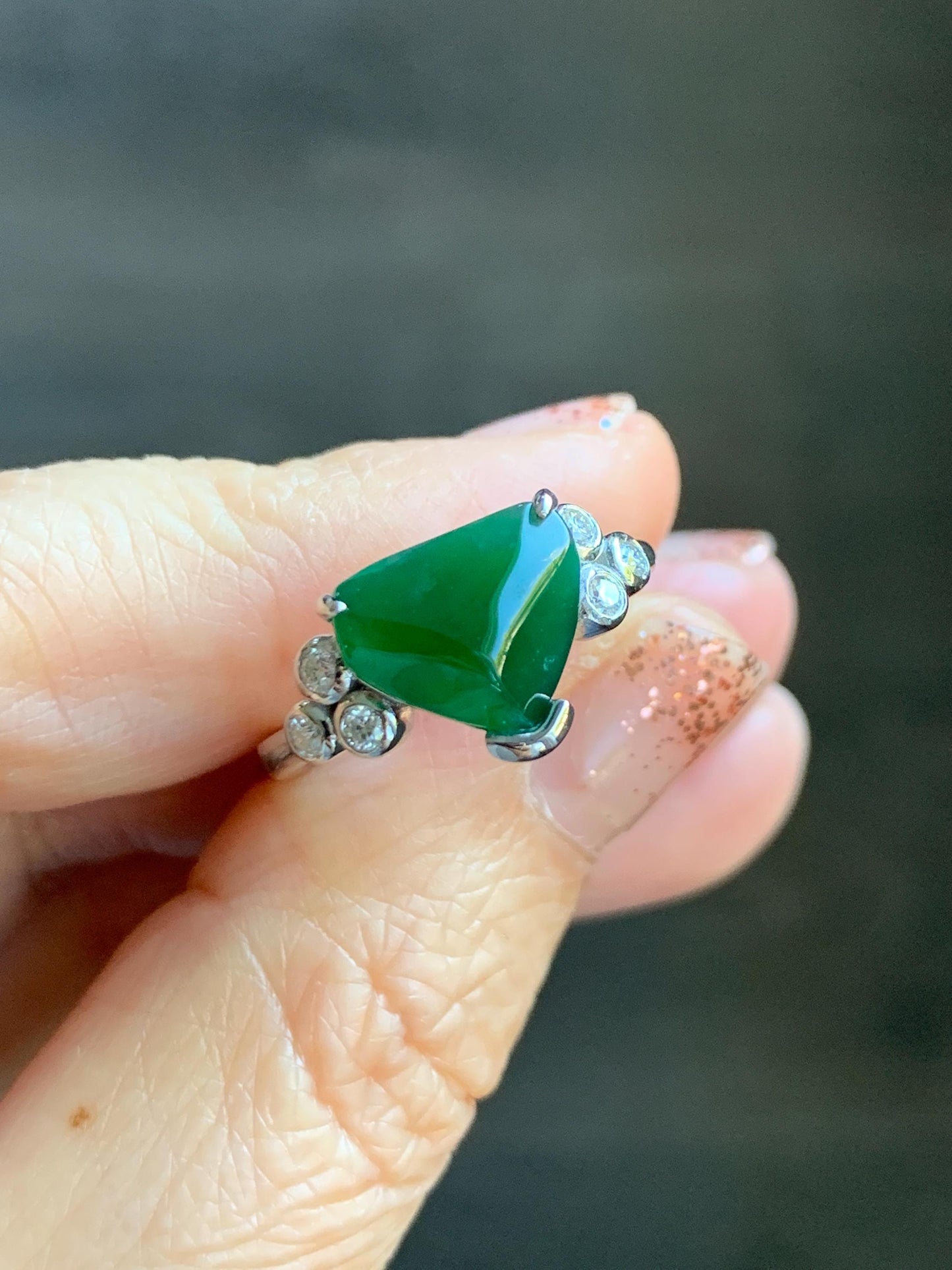 Certified Natural Grade A Guatemalan Icy Translucent Dark Teal Green Jade Jadeite Ring Sterling Silver size 7.25 天然冰危深蓝绿切割翡翠镶嵌戒指 187