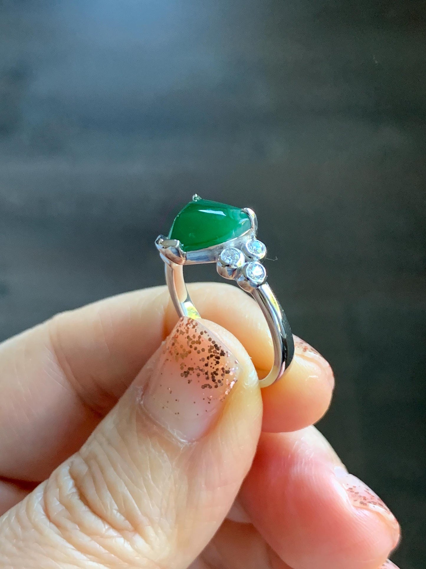 Certified Natural Grade A Guatemalan Icy Translucent Dark Teal Green Jade Jadeite Ring Sterling Silver size 7.25 天然冰危深蓝绿切割翡翠镶嵌戒指 187