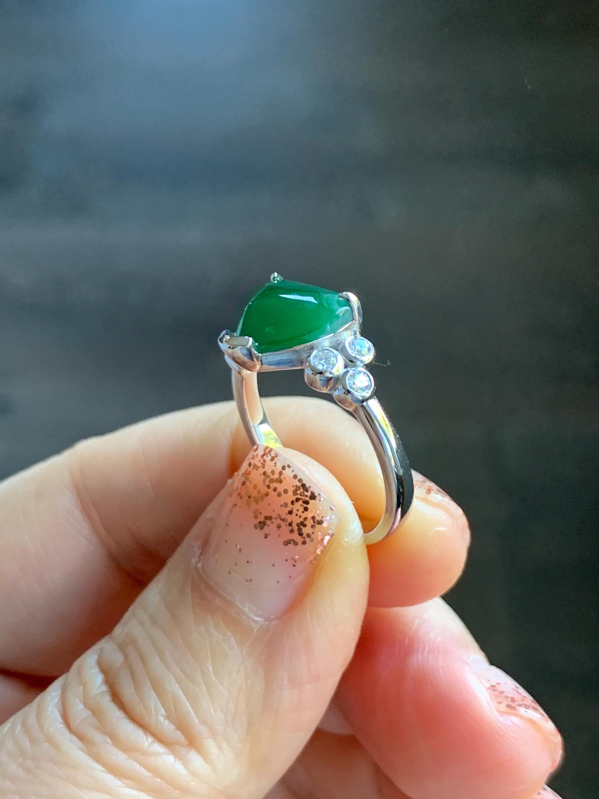 Certified Natural Grade A Guatemalan Icy Translucent Dark Teal Green Jade Jadeite Ring Sterling Silver size 7.25 天然冰危深蓝绿切割翡翠镶嵌戒指 187