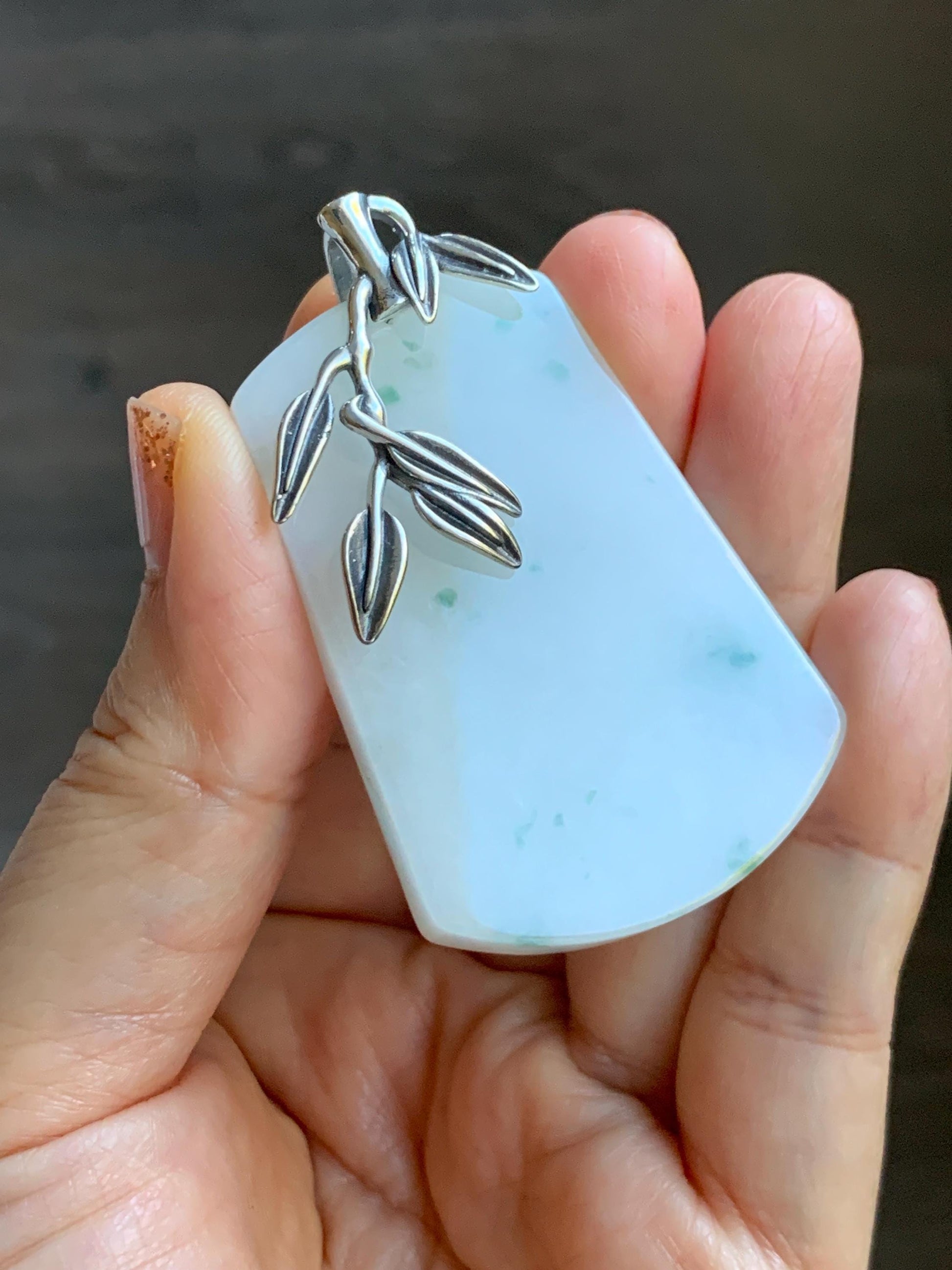 Natural Grade A Icy Translucent White & Green Marbled Jade Jadeite Large Wu Shi Pai Pendant Sterling Silver 38g 天然细糯白飘绿翡翠无事牌吊坠 PLM350A
