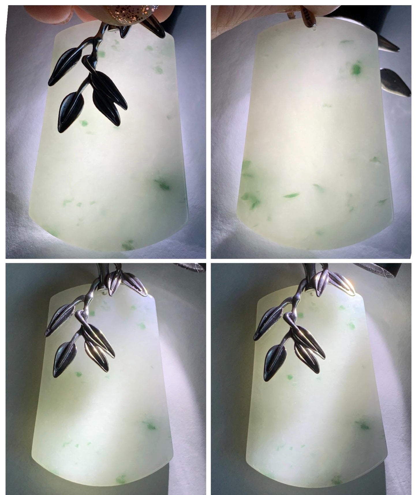 Natural Grade A Icy Translucent White & Green Marbled Jade Jadeite Large Wu Shi Pai Pendant Sterling Silver 38g 天然细糯白飘绿翡翠无事牌吊坠 PLM350A
