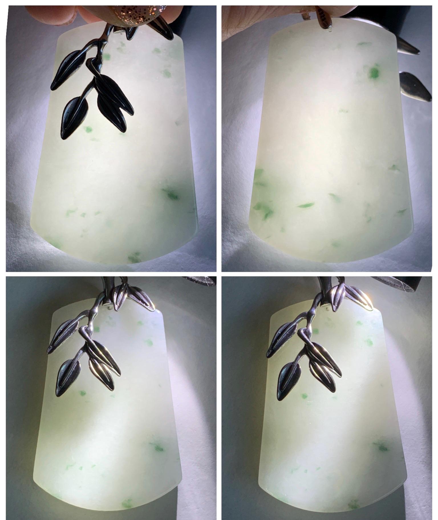 Natural Grade A Icy Translucent White & Green Marbled Jade Jadeite Large Wu Shi Pai Pendant Sterling Silver 38g 天然细糯白飘绿翡翠无事牌吊坠 PLM350A