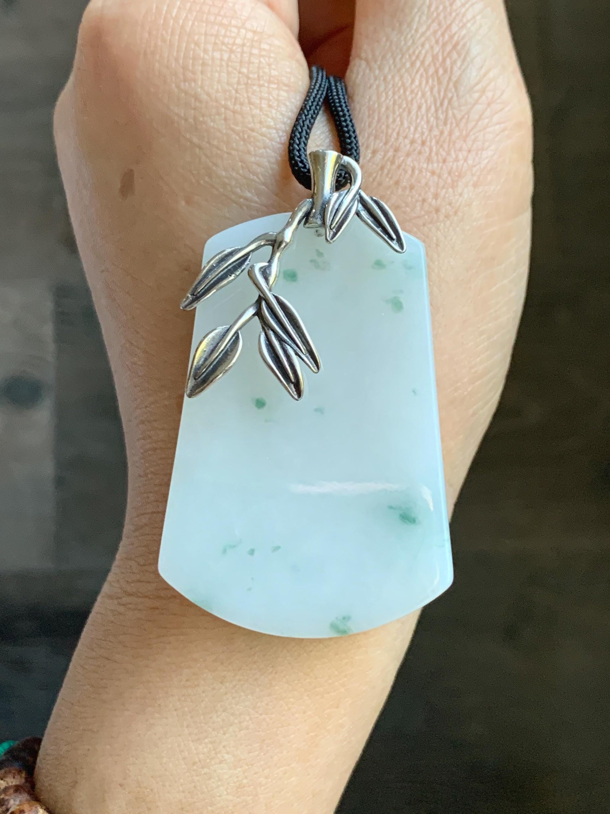 Natural Grade A Icy Translucent White & Green Marbled Jade Jadeite Large Wu Shi Pai Pendant Sterling Silver 38g 天然细糯白飘绿翡翠无事牌吊坠 PLM350A