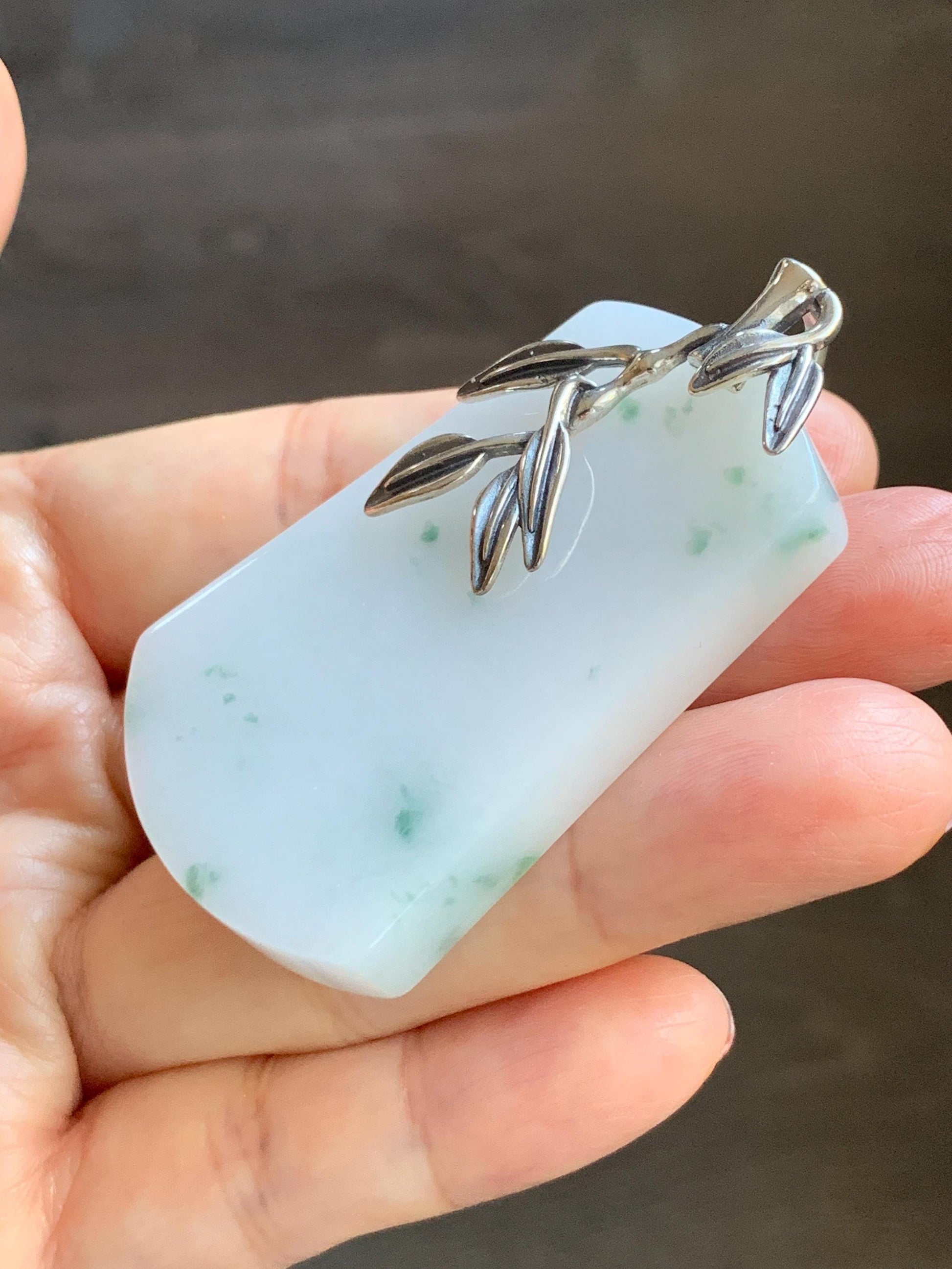 Natural Grade A Icy Translucent White & Green Marbled Jade Jadeite Large Wu Shi Pai Pendant Sterling Silver 38g 天然细糯白飘绿翡翠无事牌吊坠 PLM350A
