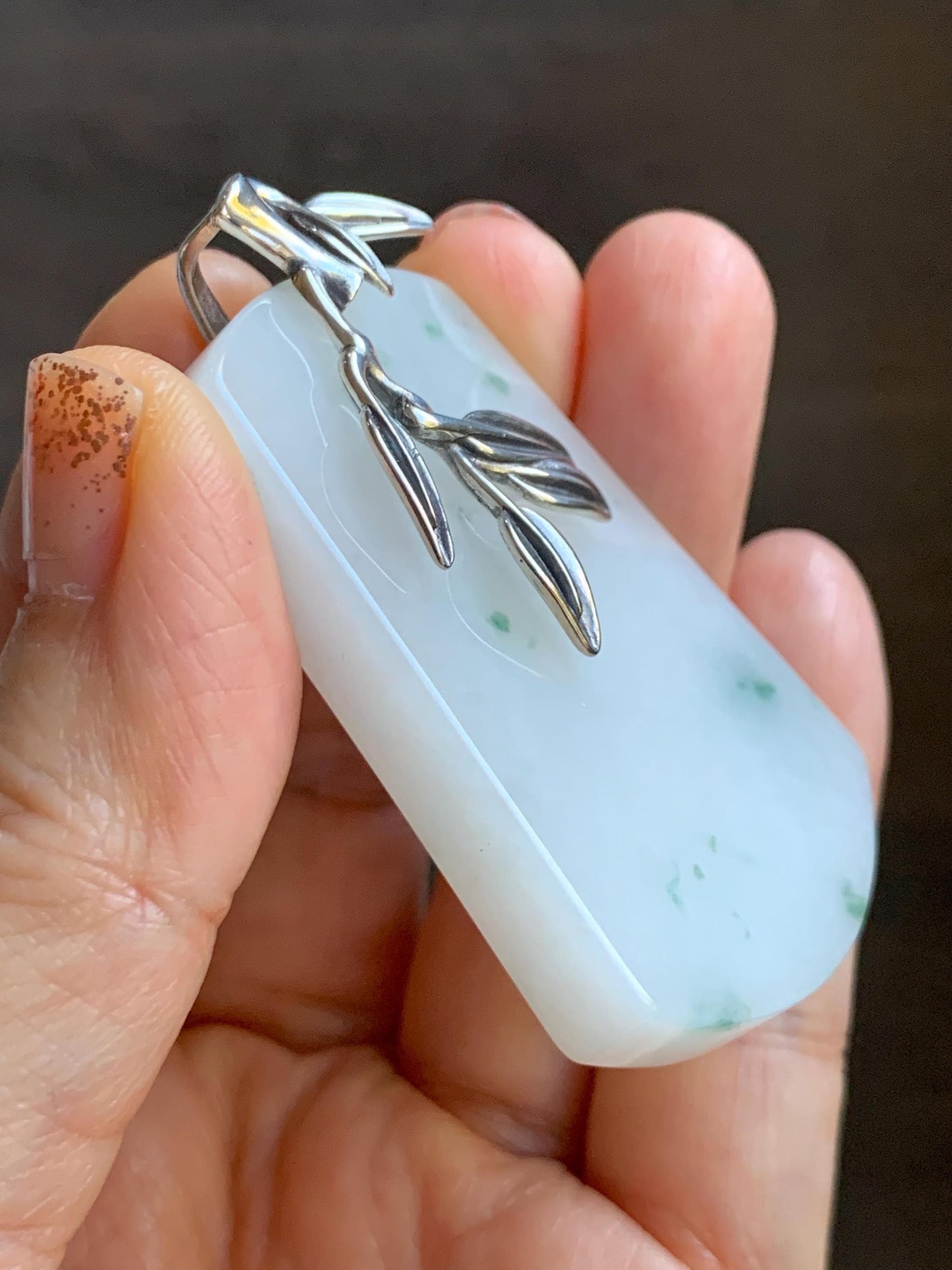 Natural Grade A Icy Translucent White & Green Marbled Jade Jadeite Large Wu Shi Pai Pendant Sterling Silver 38g 天然细糯白飘绿翡翠无事牌吊坠 PLM350A