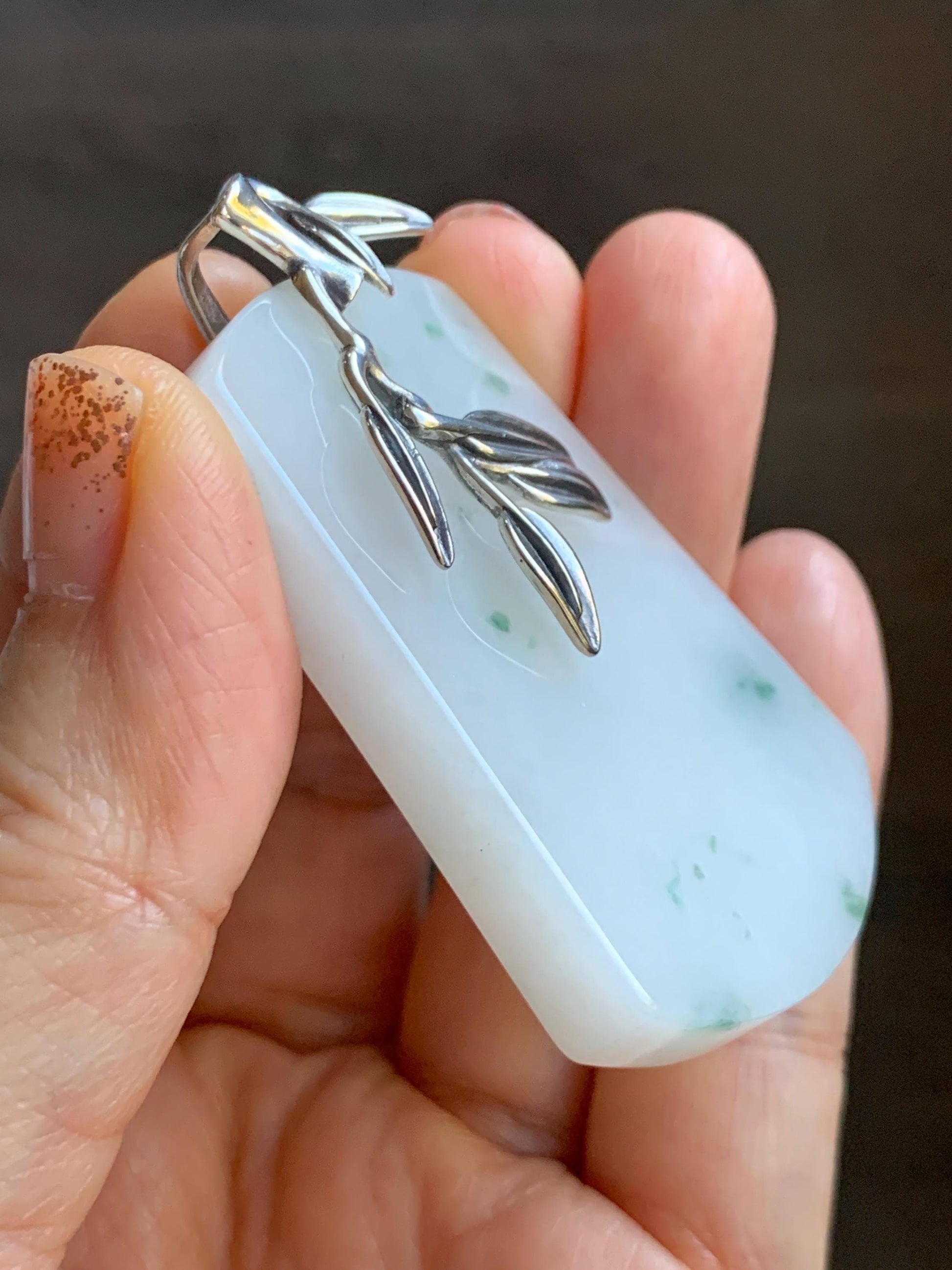 Natural Grade A Icy Translucent White & Green Marbled Jade Jadeite Large Wu Shi Pai Pendant Sterling Silver 38g 天然细糯白飘绿翡翠无事牌吊坠 PLM350A