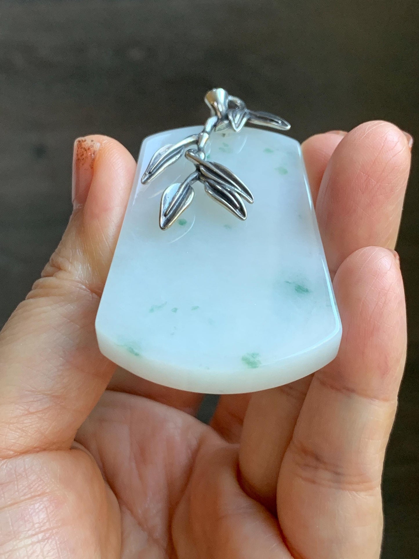 Natural Grade A Icy Translucent White & Green Marbled Jade Jadeite Large Wu Shi Pai Pendant Sterling Silver 38g 天然细糯白飘绿翡翠无事牌吊坠 PLM350A