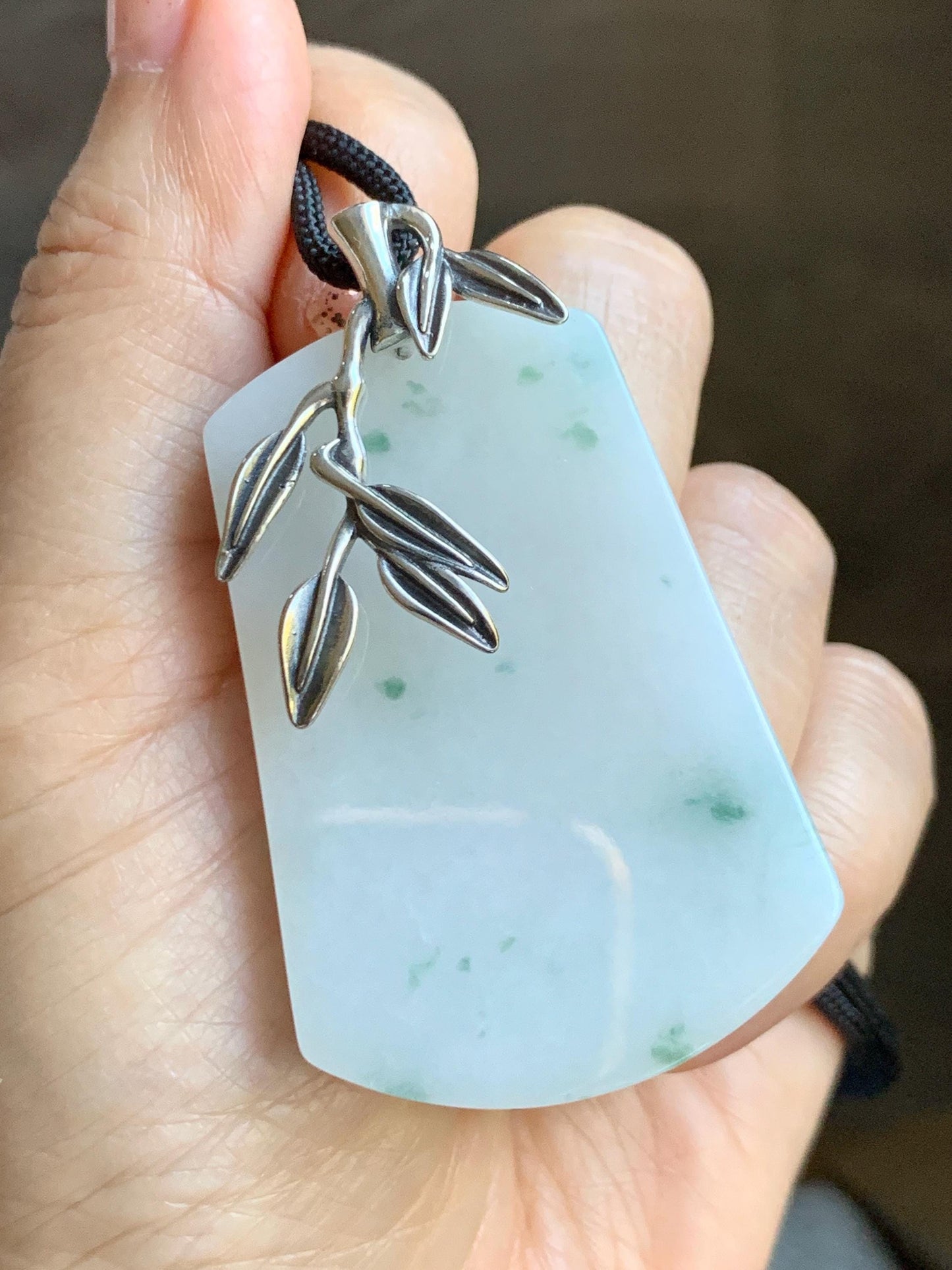Natural Grade A Icy Translucent White & Green Marbled Jade Jadeite Large Wu Shi Pai Pendant Sterling Silver 38g 天然细糯白飘绿翡翠无事牌吊坠 PLM350A