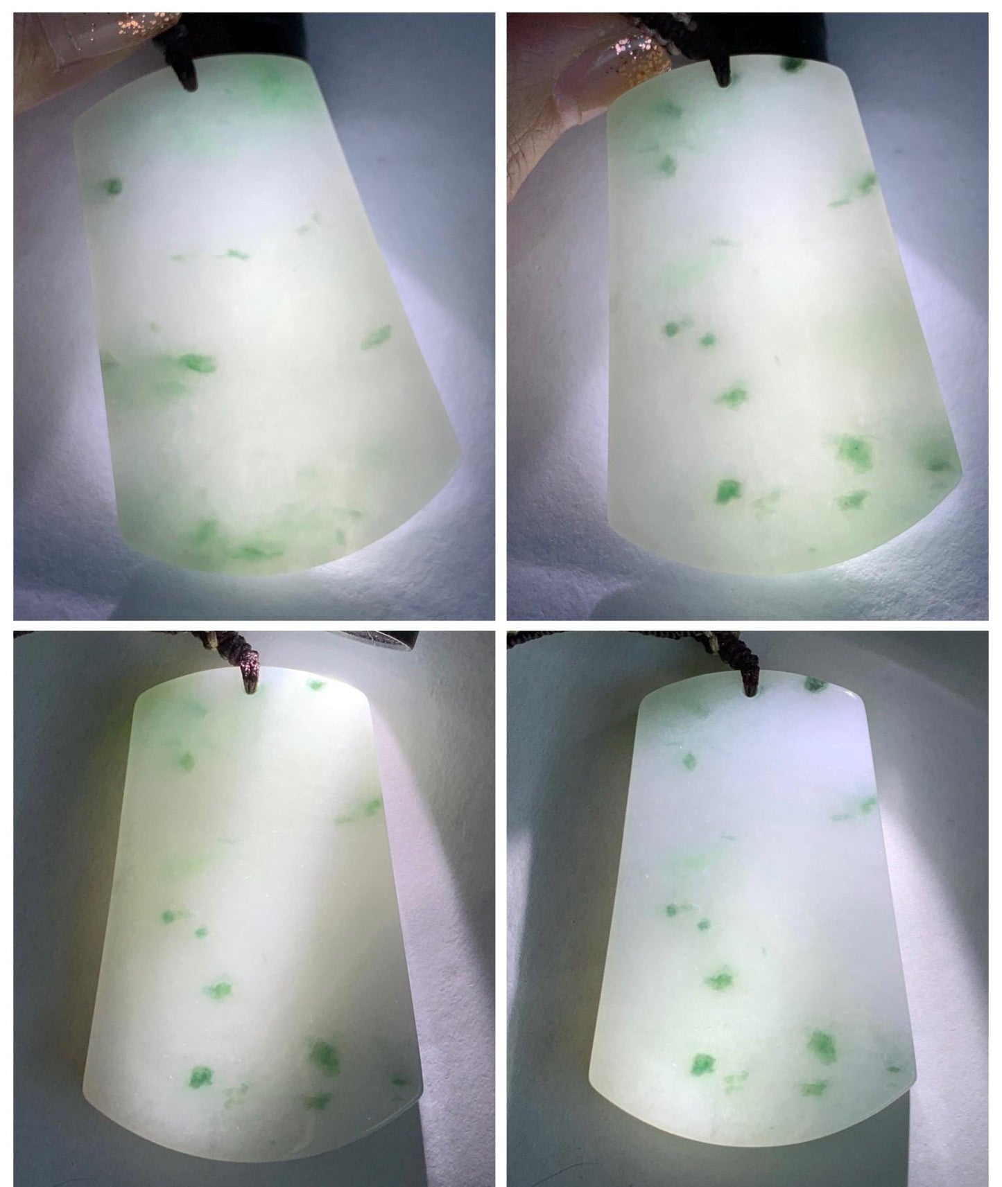 Natural Grade A Icy Translucent White & Green Marbled Jade Jadeite Large Wu Shi Pai Pendant Rope Pendant 28” 36g 天然细糯白飘绿翡翠无事牌吊坠 PLM350B