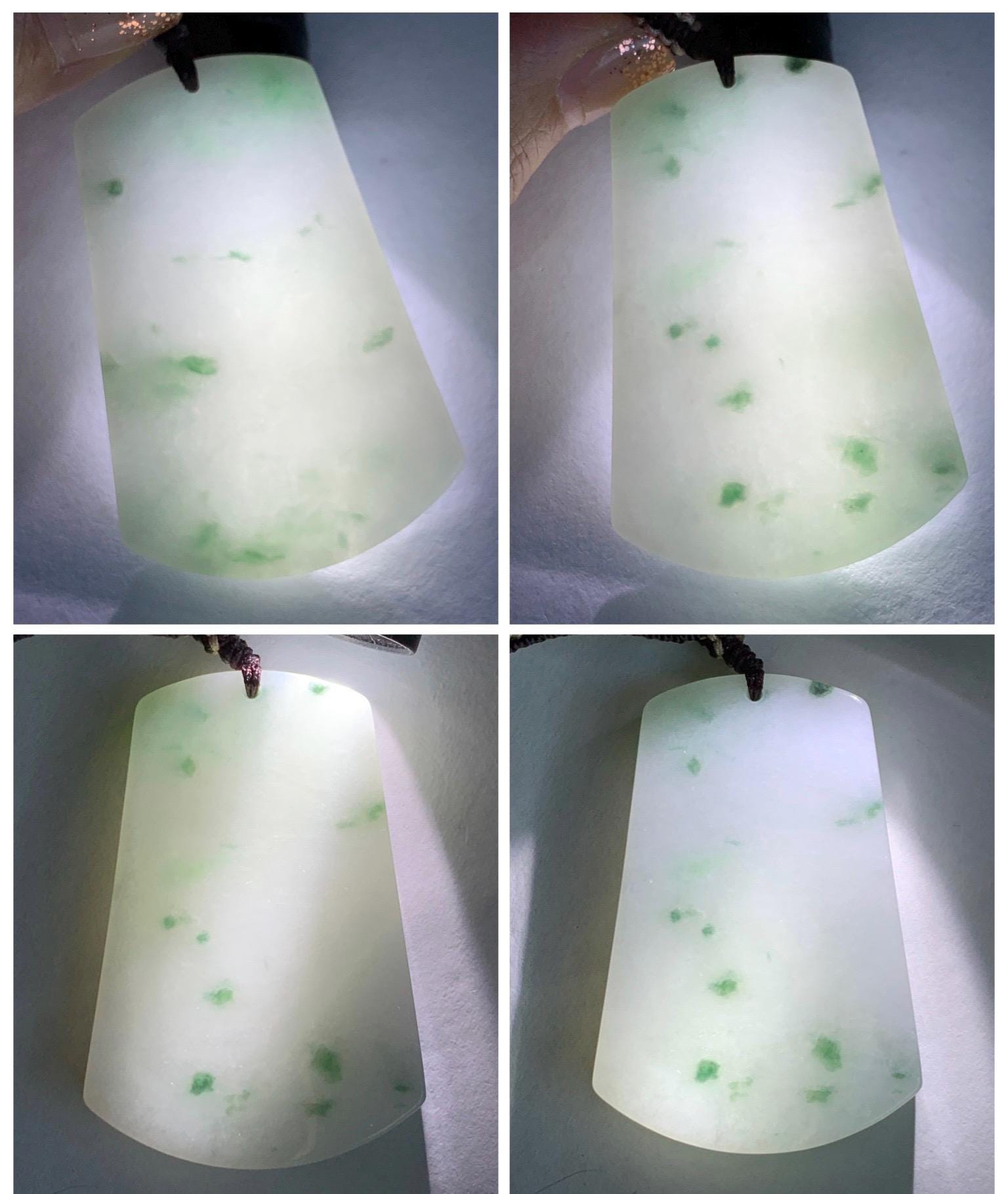 Natural Grade A Icy Translucent White & Green Marbled Jade Jadeite Large Wu Shi Pai Pendant Rope Pendant 28” 36g 天然细糯白飘绿翡翠无事牌吊坠 PLM350B