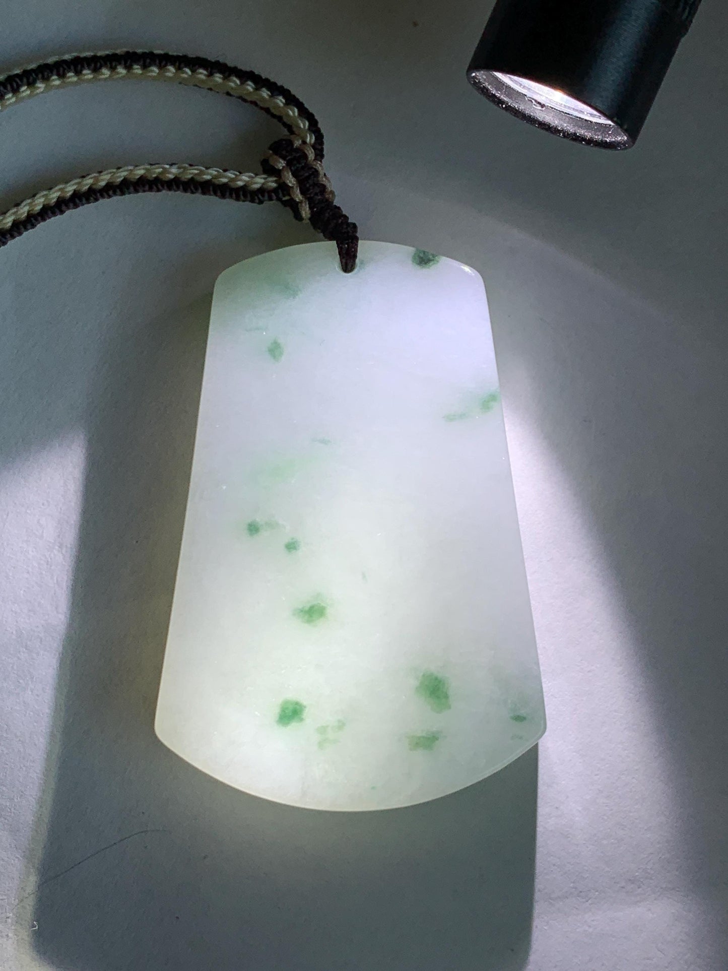 Natural Grade A Icy Translucent White & Green Marbled Jade Jadeite Large Wu Shi Pai Pendant Rope Pendant 28” 36g 天然细糯白飘绿翡翠无事牌吊坠 PLM350B
