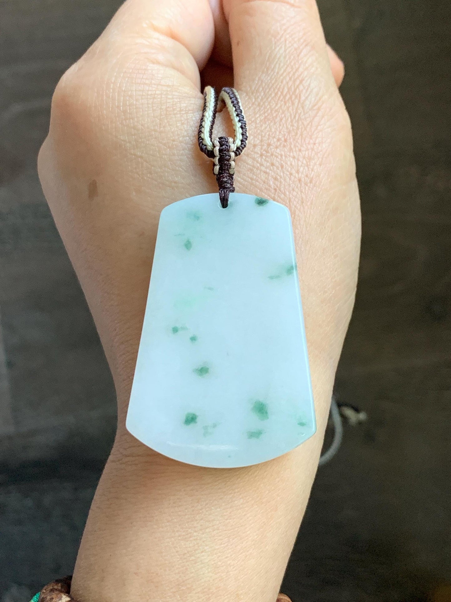 Natural Grade A Icy Translucent White & Green Marbled Jade Jadeite Large Wu Shi Pai Pendant Rope Pendant 28” 36g 天然细糯白飘绿翡翠无事牌吊坠 PLM350B