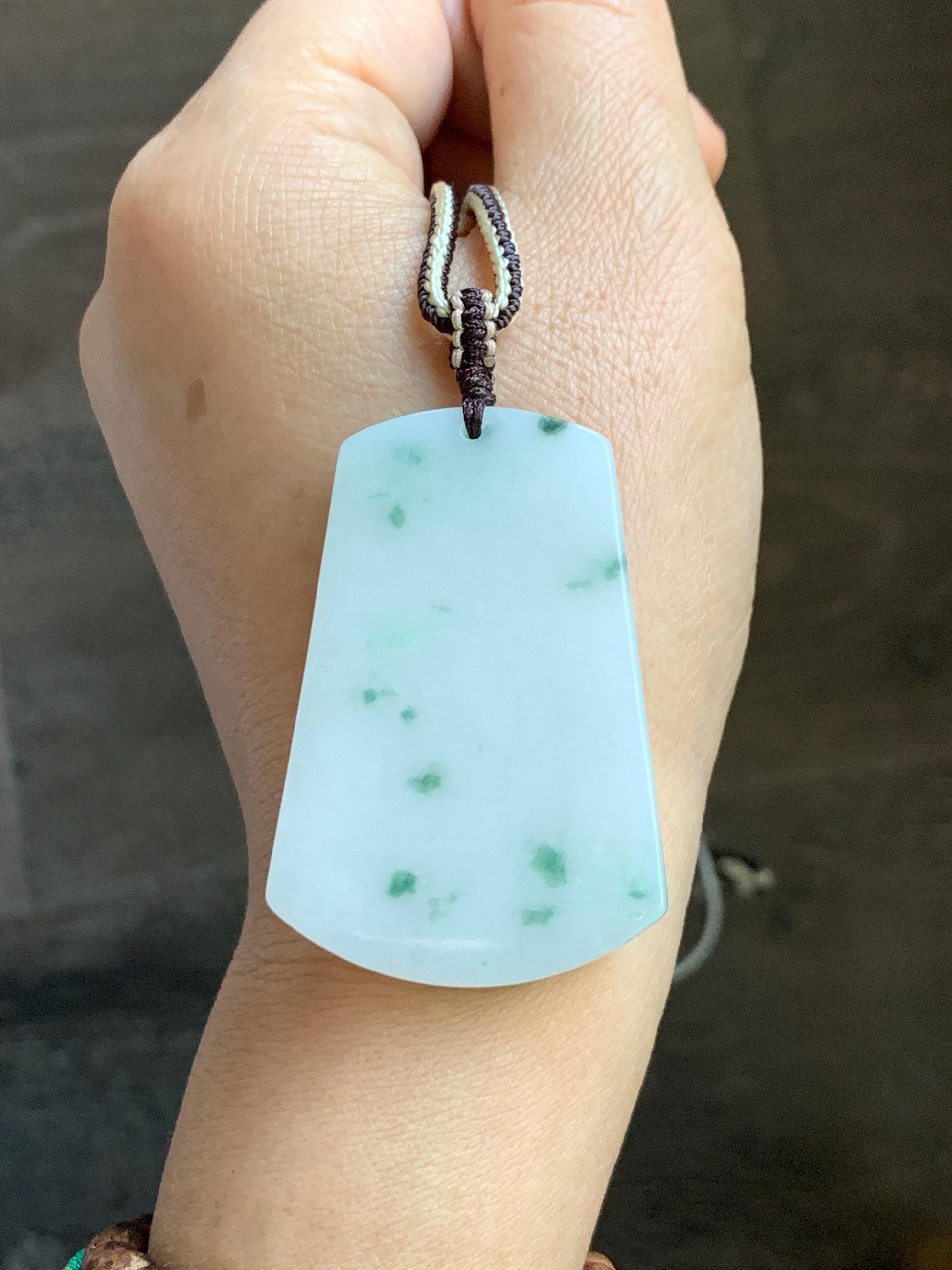 Natural Grade A Icy Translucent White & Green Marbled Jade Jadeite Large Wu Shi Pai Pendant Rope Pendant 28” 36g 天然细糯白飘绿翡翠无事牌吊坠 PLM350B