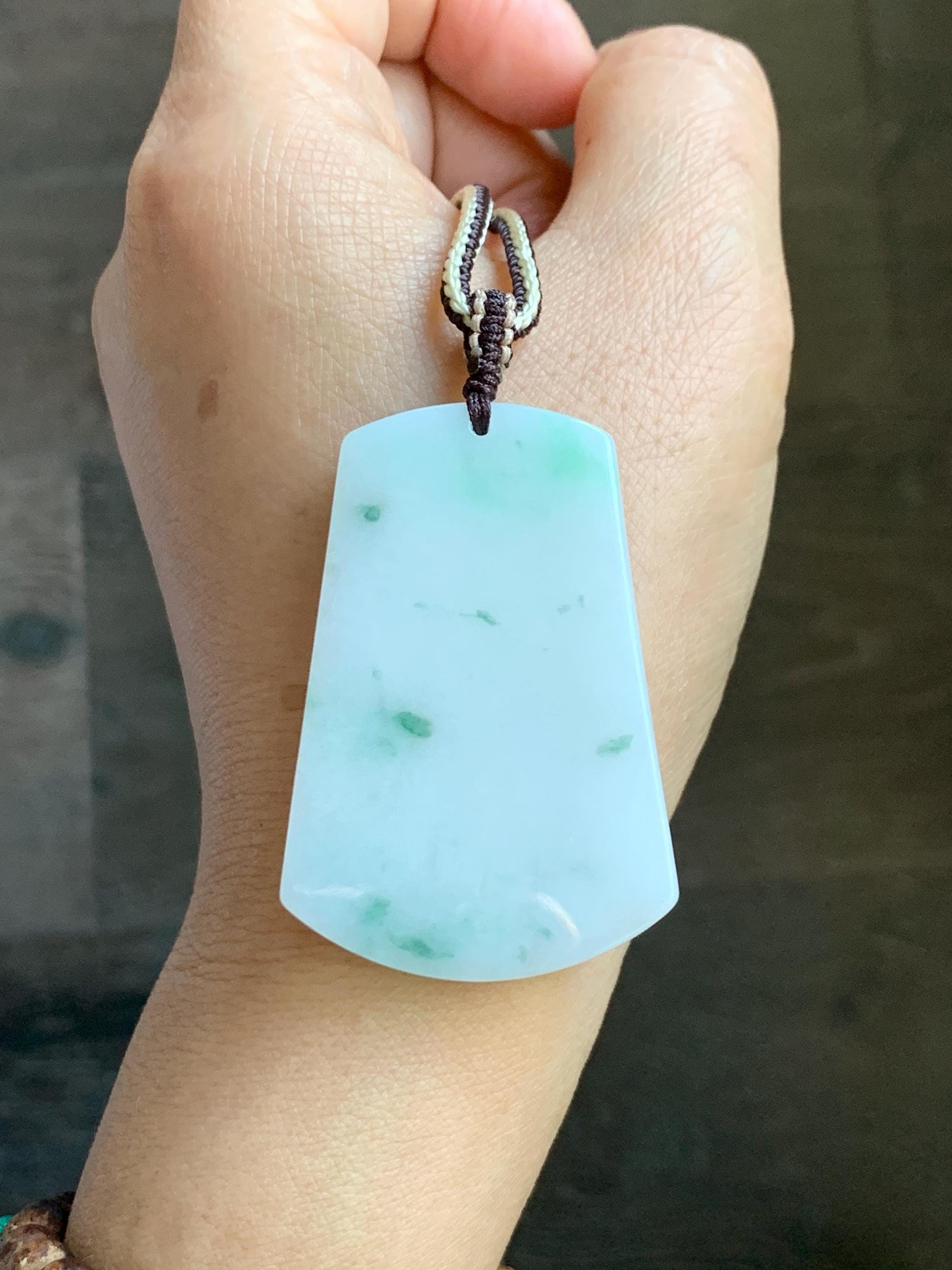 Natural Grade A Icy Translucent White & Green Marbled Jade Jadeite Large Wu Shi Pai Pendant Rope Pendant 28” 36g 天然细糯白飘绿翡翠无事牌吊坠 PLM350B