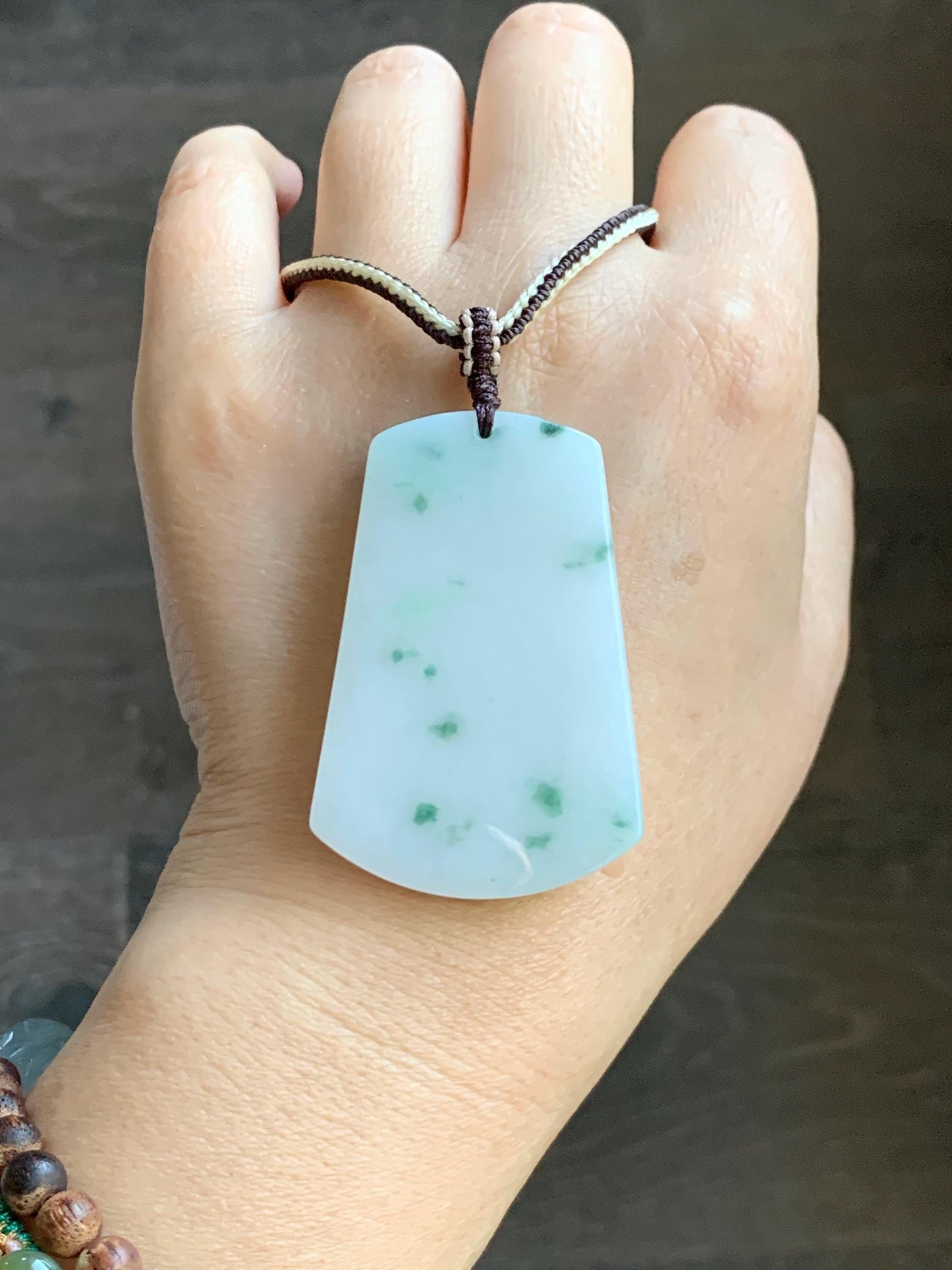Natural Grade A Icy Translucent White & Green Marbled Jade Jadeite Large Wu Shi Pai Pendant Rope Pendant 28” 36g 天然细糯白飘绿翡翠无事牌吊坠 PLM350B