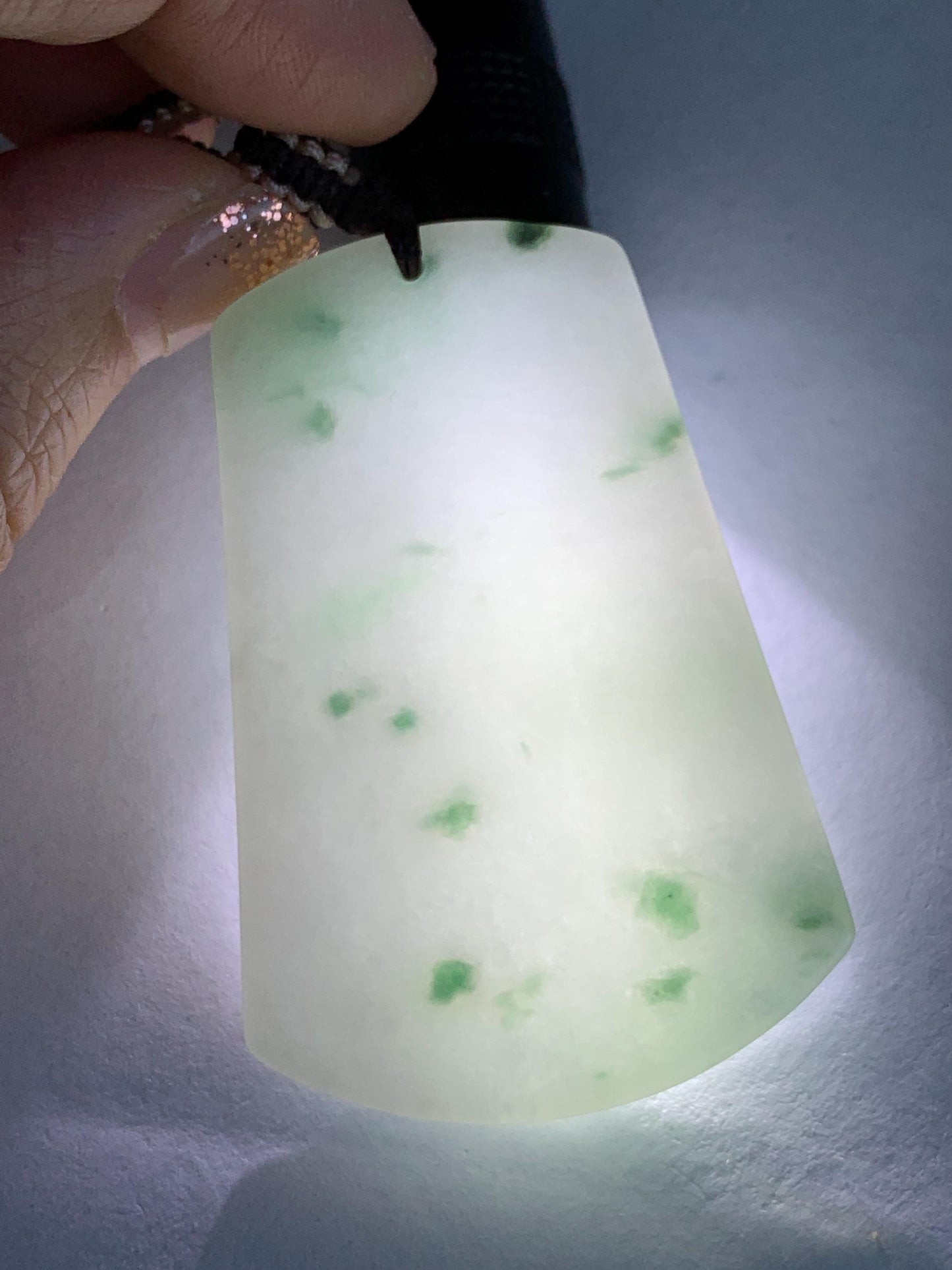 Natural Grade A Icy Translucent White & Green Marbled Jade Jadeite Large Wu Shi Pai Pendant Rope Pendant 28” 36g 天然细糯白飘绿翡翠无事牌吊坠 PLM350B
