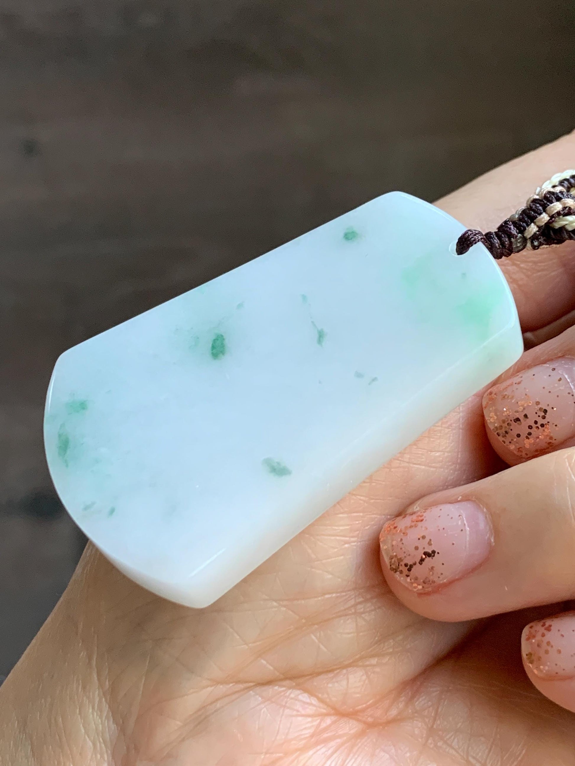 Natural Grade A Icy Translucent White & Green Marbled Jade Jadeite Large Wu Shi Pai Pendant Rope Pendant 28” 36g 天然细糯白飘绿翡翠无事牌吊坠 PLM350B