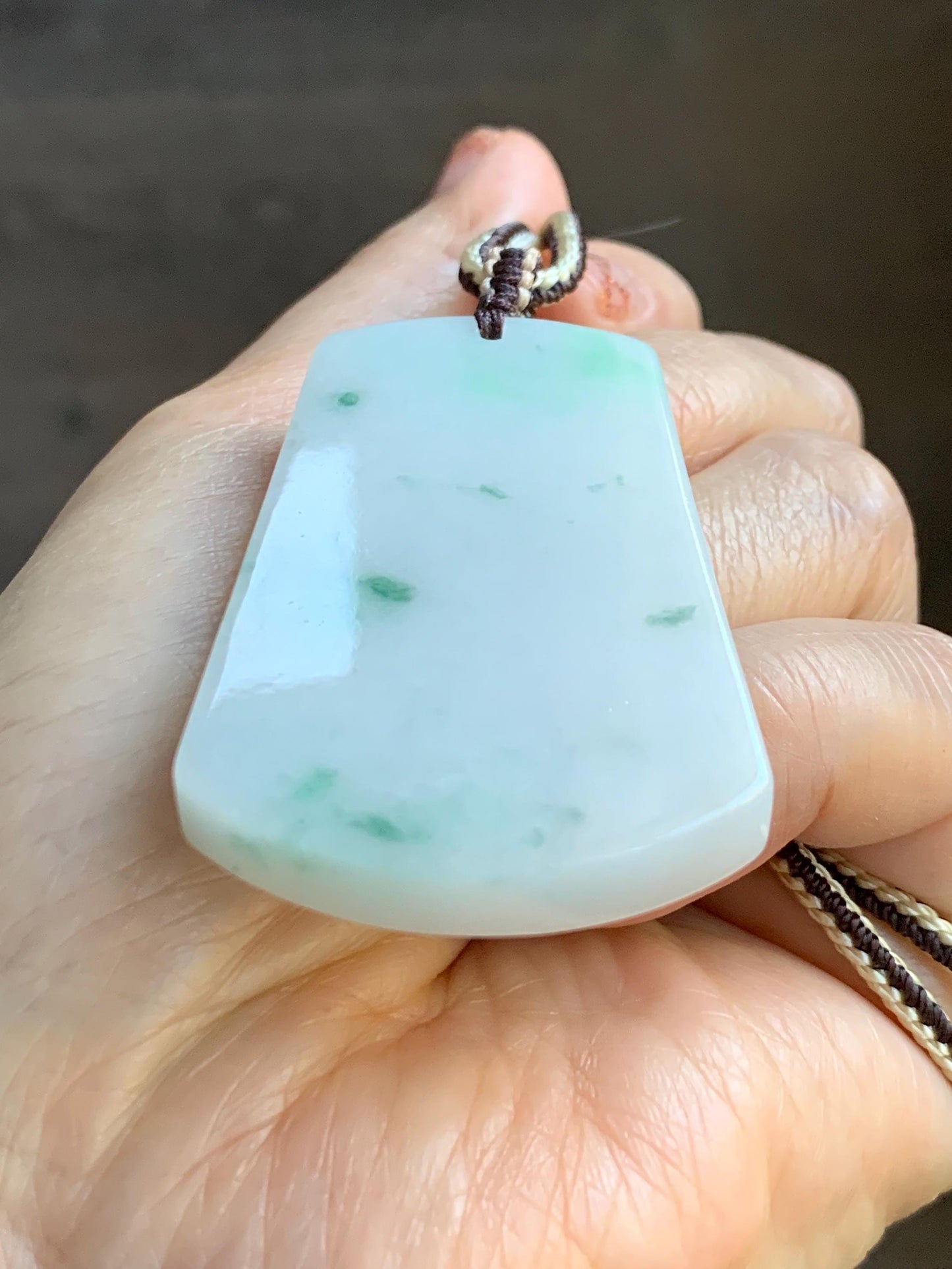 Natural Grade A Icy Translucent White & Green Marbled Jade Jadeite Large Wu Shi Pai Pendant Rope Pendant 28” 36g 天然细糯白飘绿翡翠无事牌吊坠 PLM350B