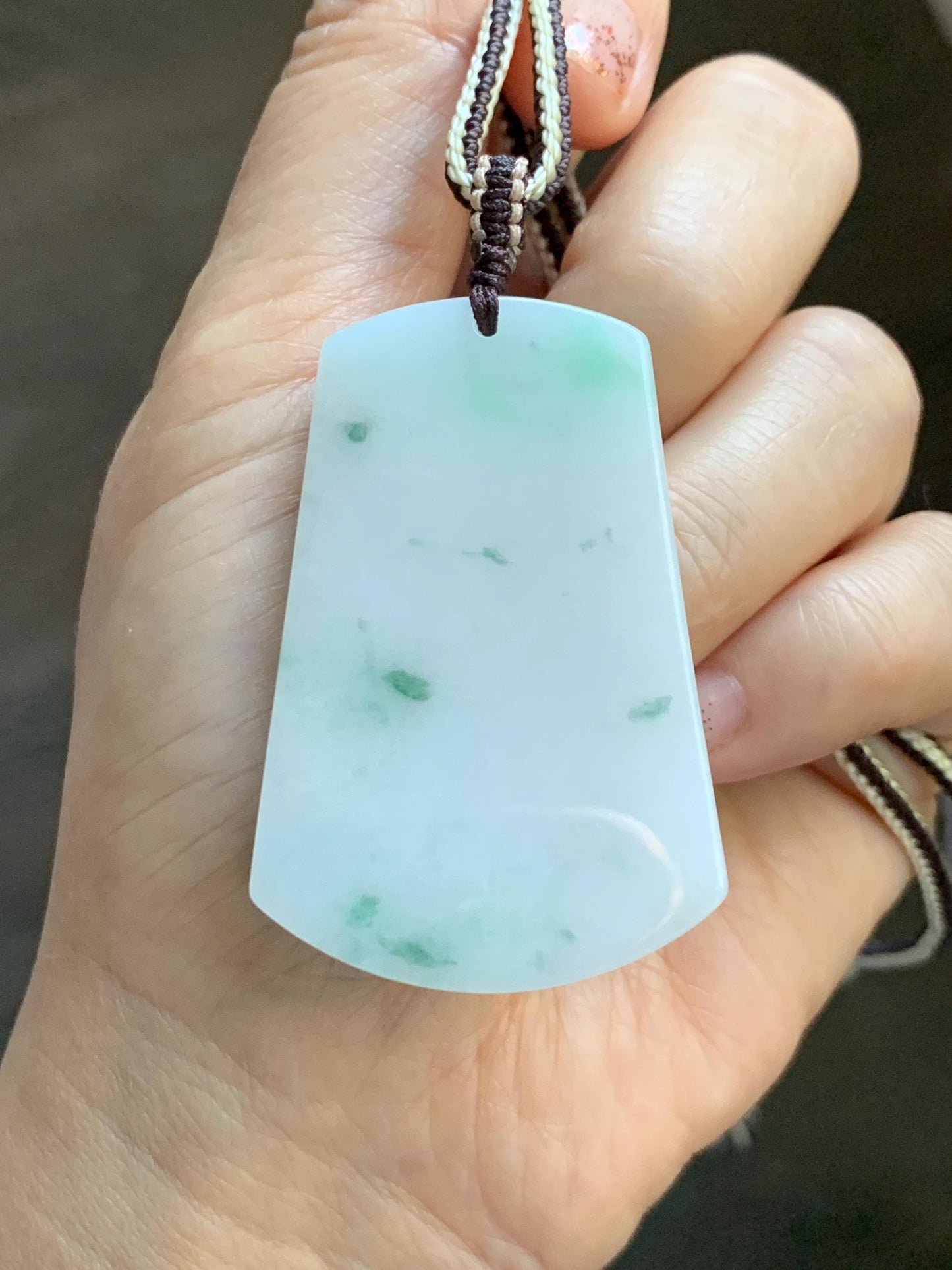 Natural Grade A Icy Translucent White & Green Marbled Jade Jadeite Large Wu Shi Pai Pendant Rope Pendant 28” 36g 天然细糯白飘绿翡翠无事牌吊坠 PLM350B
