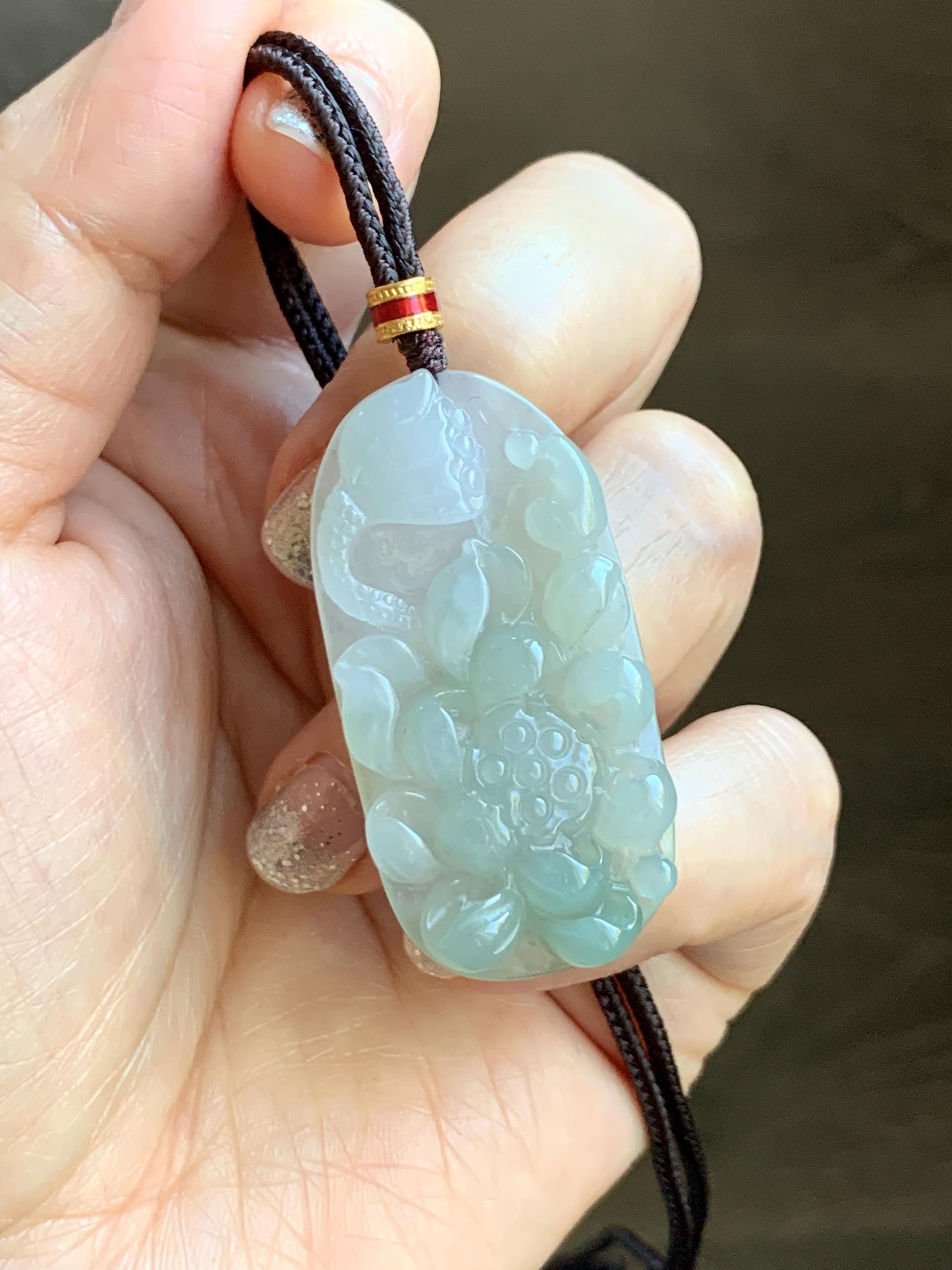 Natural Grade A Icy Translucent White Dusty Green Jade Jadeite Lotus Flower Wu Dao Enlightenment Pendant Necklace 27.5” 天然冰胶白晴翡翠莲花悟道吊坠LWD180