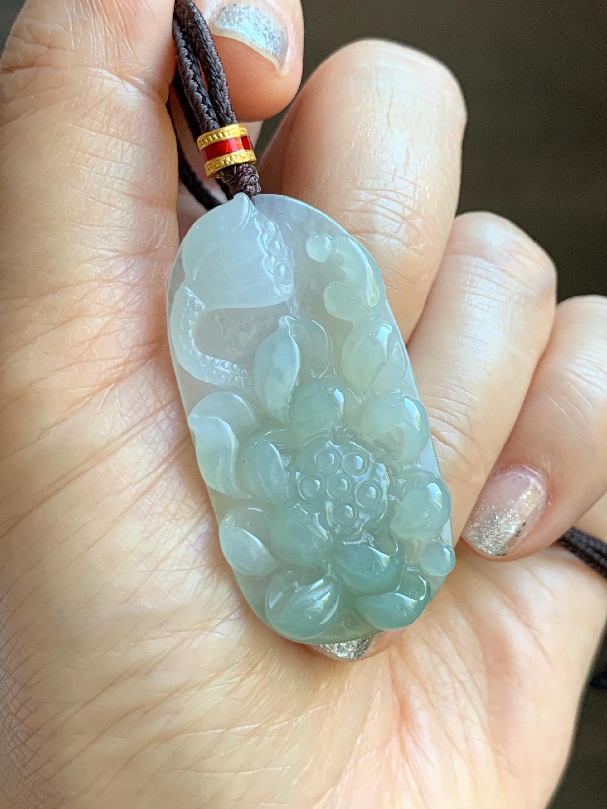 Natural Grade A Icy Translucent White Dusty Green Jade Jadeite Lotus Flower Wu Dao Enlightenment Pendant Necklace 27.5” 天然冰胶白晴翡翠莲花悟道吊坠LWD180