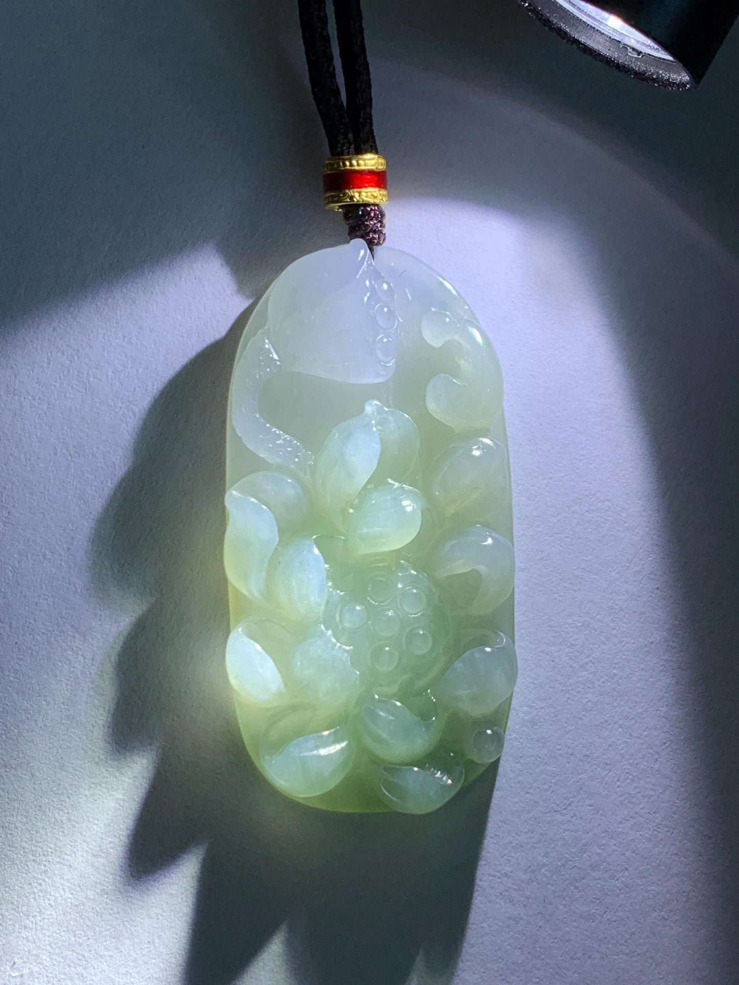 Natural Grade A Icy Translucent White Dusty Green Jade Jadeite Lotus Flower Wu Dao Enlightenment Pendant Necklace 27.5” 天然冰胶白晴翡翠莲花悟道吊坠LWD180