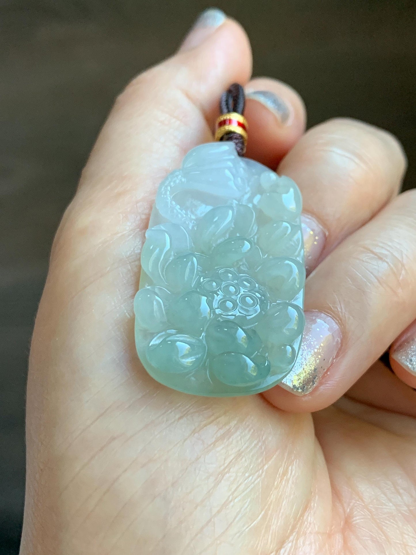 Natural Grade A Icy Translucent White Dusty Green Jade Jadeite Lotus Flower Wu Dao Enlightenment Pendant Necklace 27.5” 天然冰胶白晴翡翠莲花悟道吊坠LWD180
