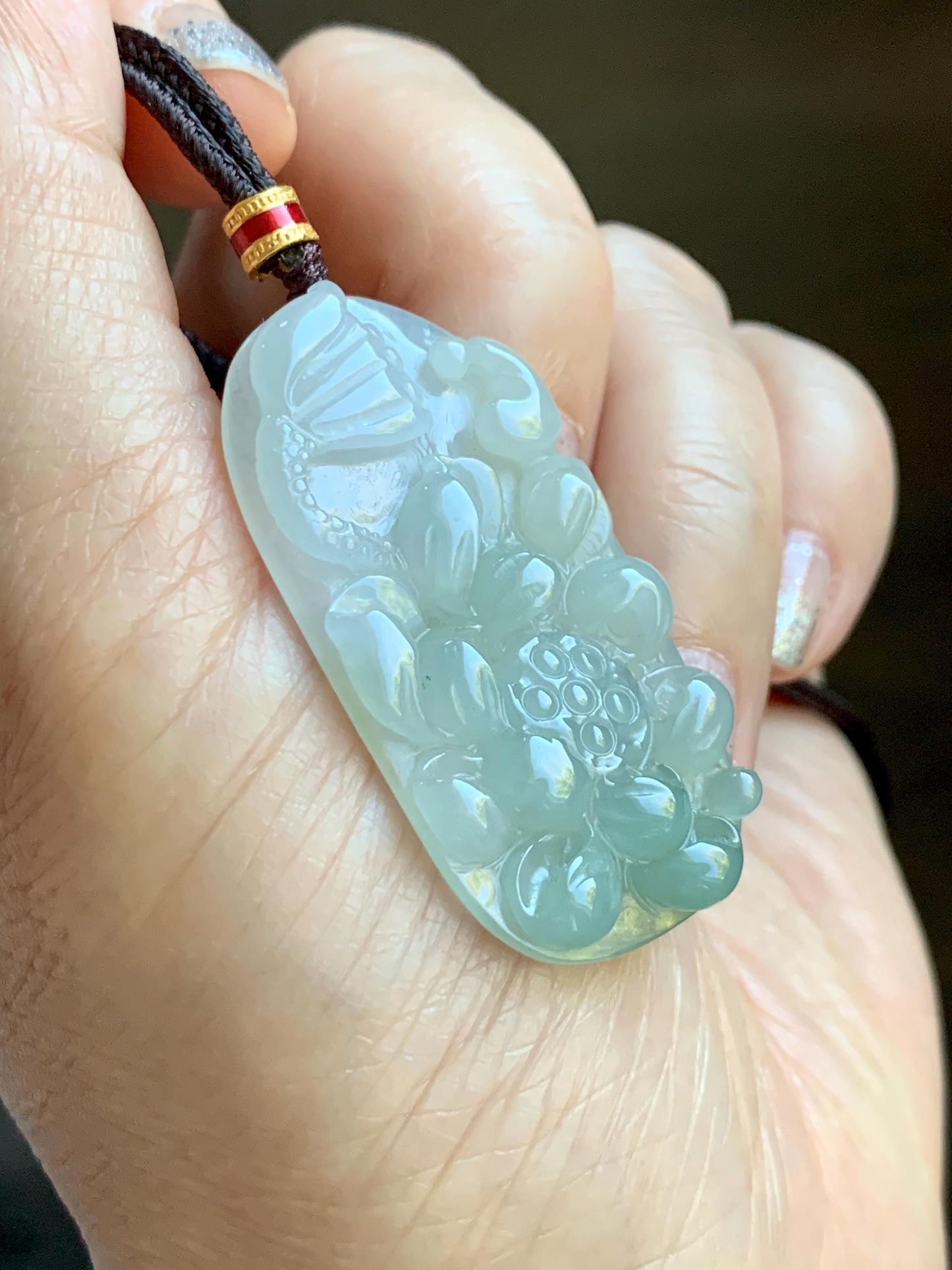 Natural Grade A Icy Translucent White Dusty Green Jade Jadeite Lotus Flower Wu Dao Enlightenment Pendant Necklace 27.5” 天然冰胶白晴翡翠莲花悟道吊坠LWD180