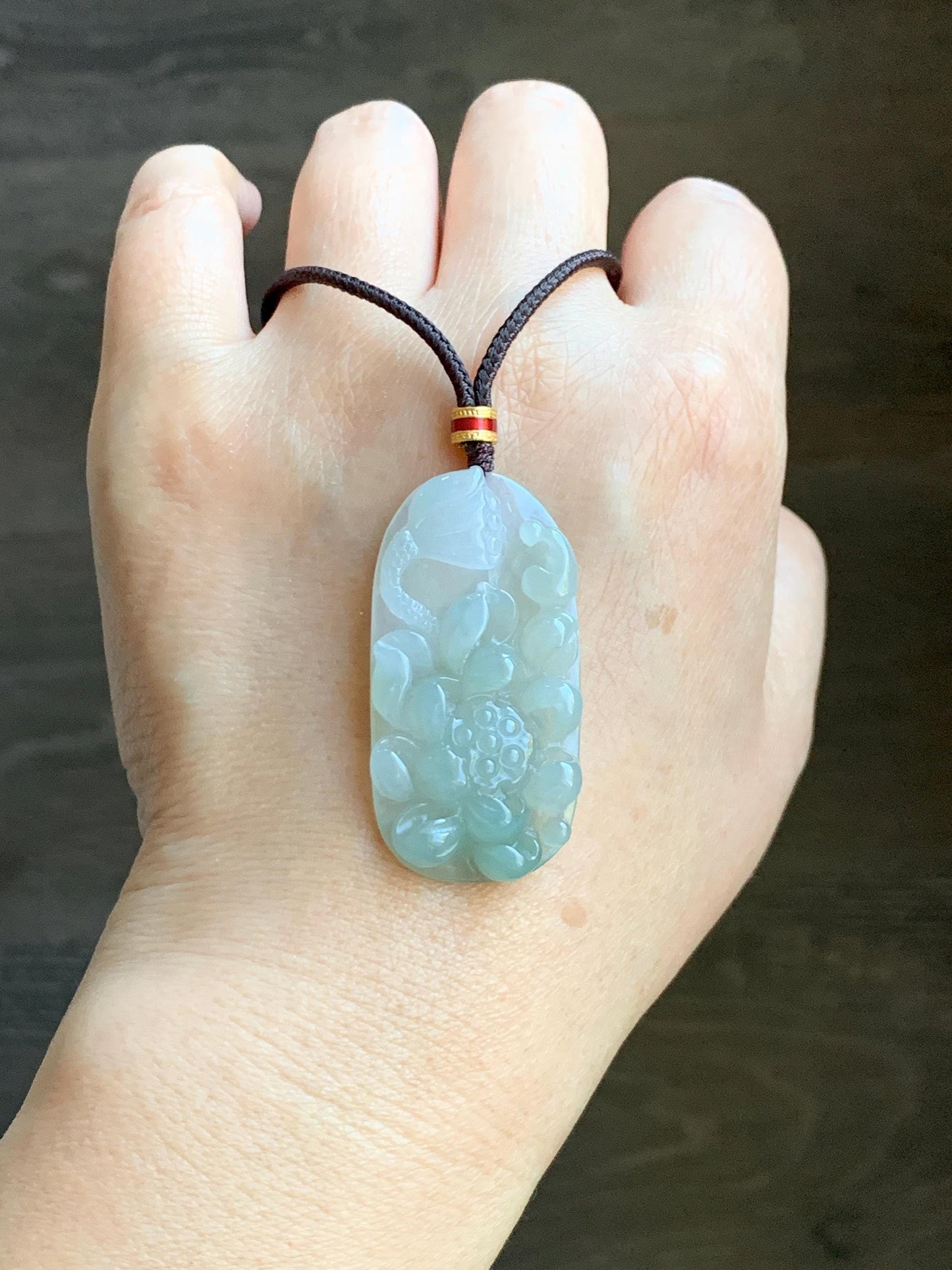 Natural Grade A Icy Translucent White Dusty Green Jade Jadeite Lotus Flower Wu Dao Enlightenment Pendant Necklace 27.5” 天然冰胶白晴翡翠莲花悟道吊坠LWD180