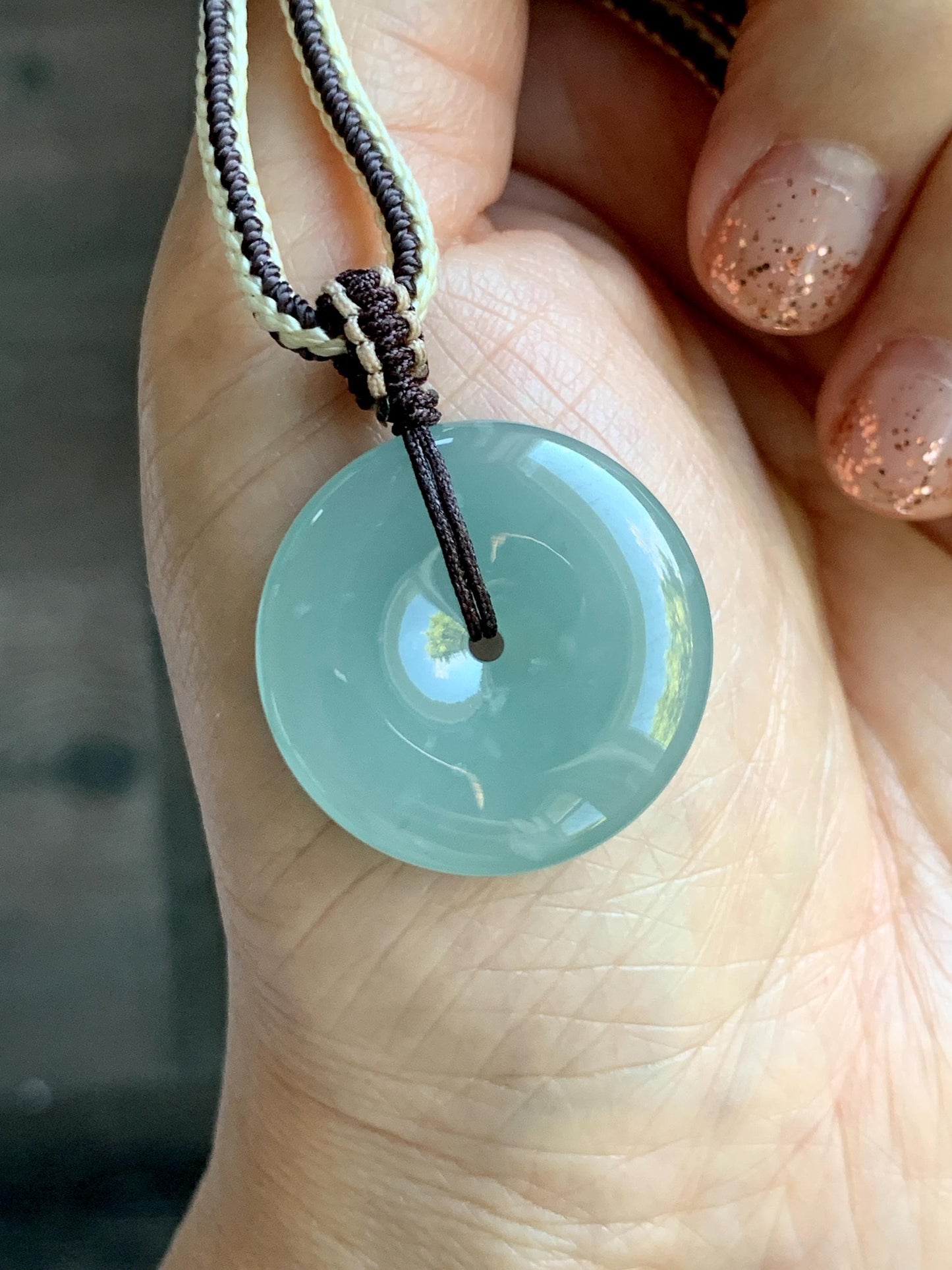 Natural Grade A Guatemalan Icy Translucent Pastel Teal Jade Jadeite Ping An Kou Donut Pendant Rope Necklace 28” 10g 天然冰危浅蓝绿翡翠平安扣吊坠 WPA55