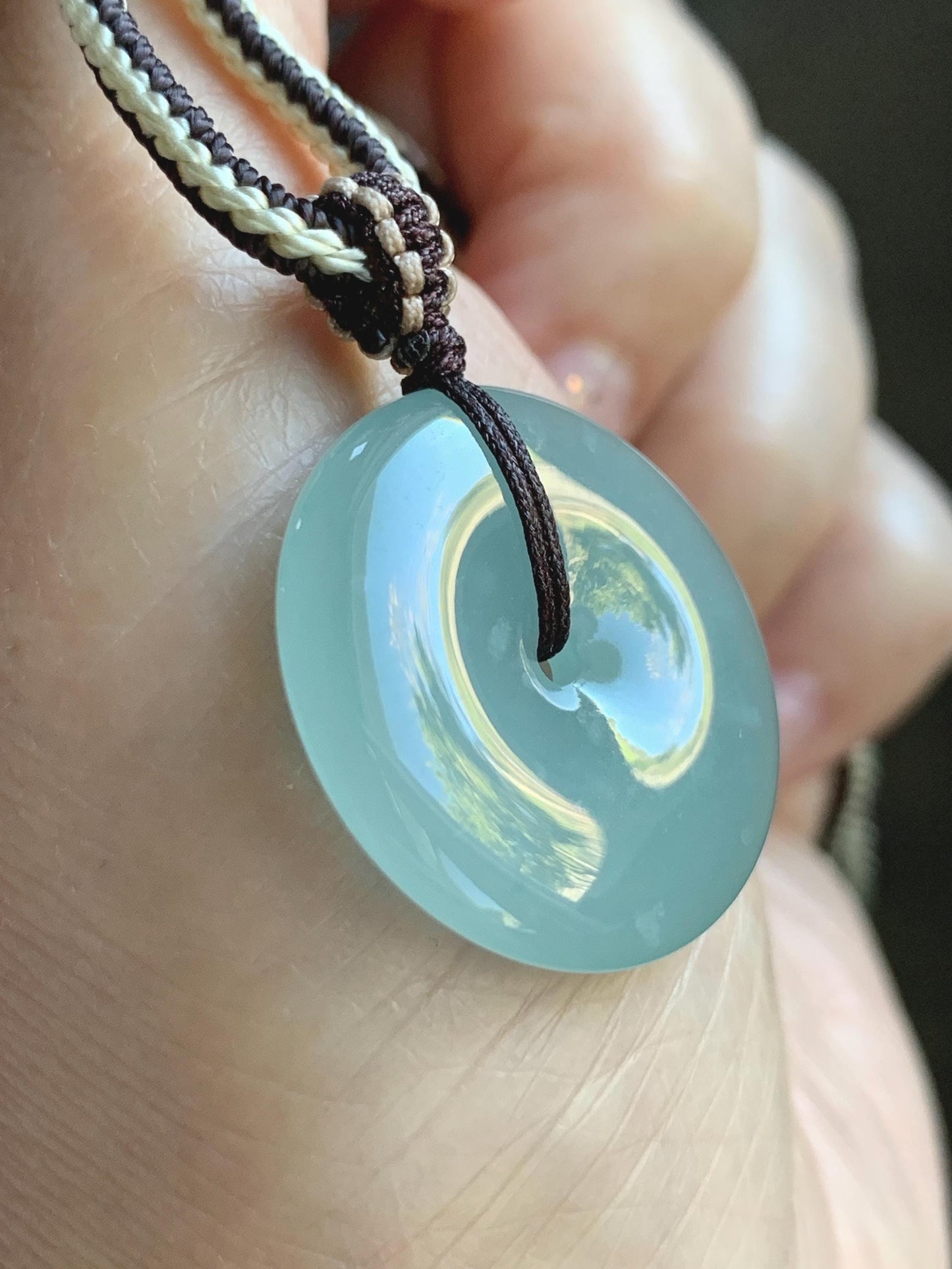 Natural Grade A Guatemalan Icy Translucent Pastel Teal Jade Jadeite Ping An Kou Donut Pendant Rope Necklace 28” 10g 天然冰危浅蓝绿翡翠平安扣吊坠 WPA55