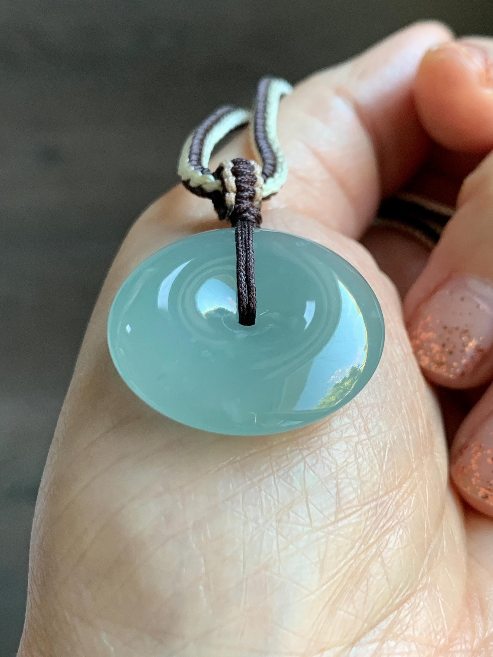 Natural Grade A Guatemalan Icy Translucent Pastel Teal Jade Jadeite Ping An Kou Donut Pendant Rope Necklace 28” 10g 天然冰危浅蓝绿翡翠平安扣吊坠 WPA55