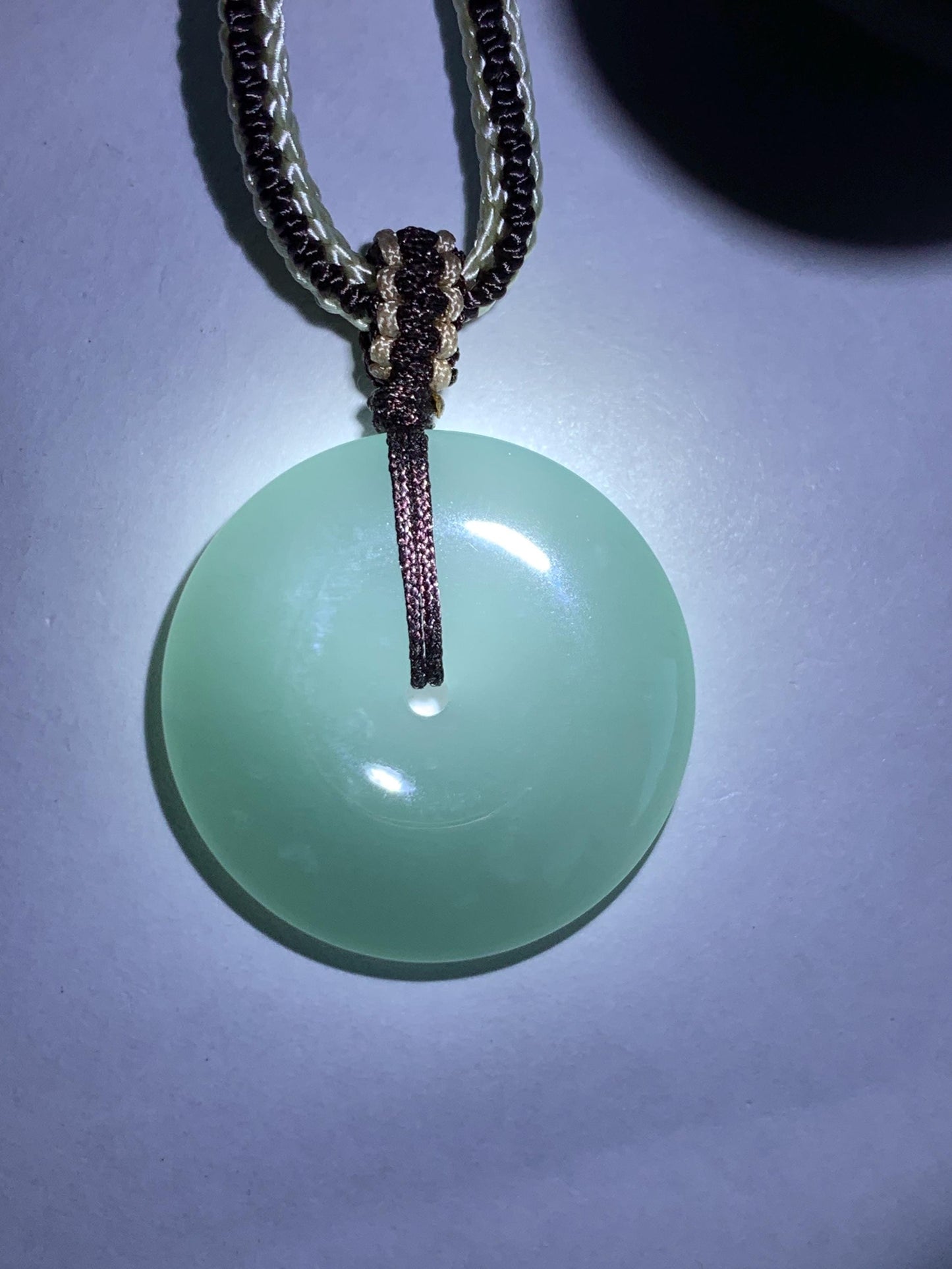 Natural Grade A Guatemalan Icy Translucent Pastel Teal Jade Jadeite Ping An Kou Donut Pendant Rope Necklace 28” 10g 天然冰危浅蓝绿翡翠平安扣吊坠 WPA55