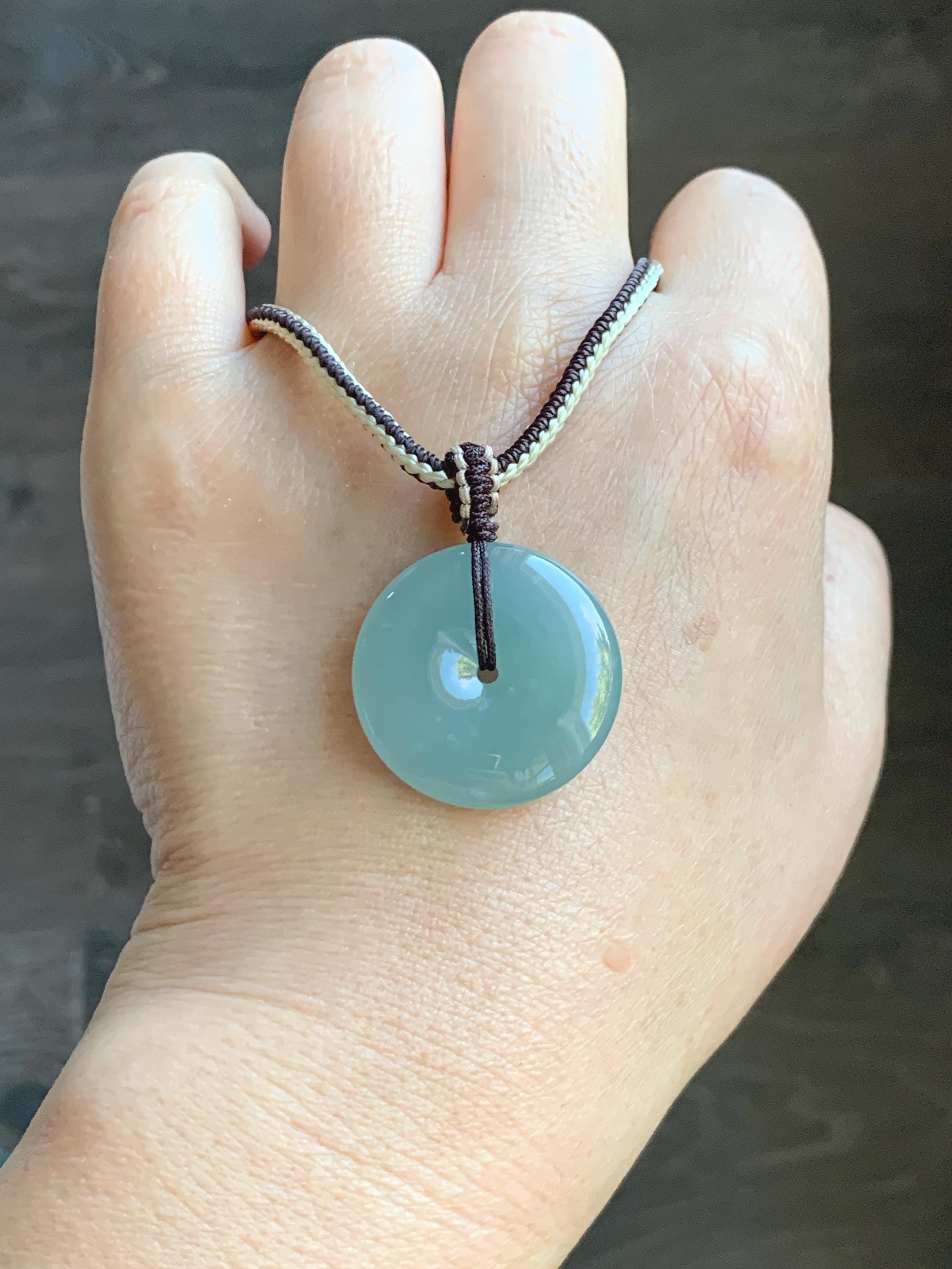 Natural Grade A Guatemalan Icy Translucent Pastel Teal Jade Jadeite Ping An Kou Donut Pendant Rope Necklace 28” 10g 天然冰危浅蓝绿翡翠平安扣吊坠 WPA55