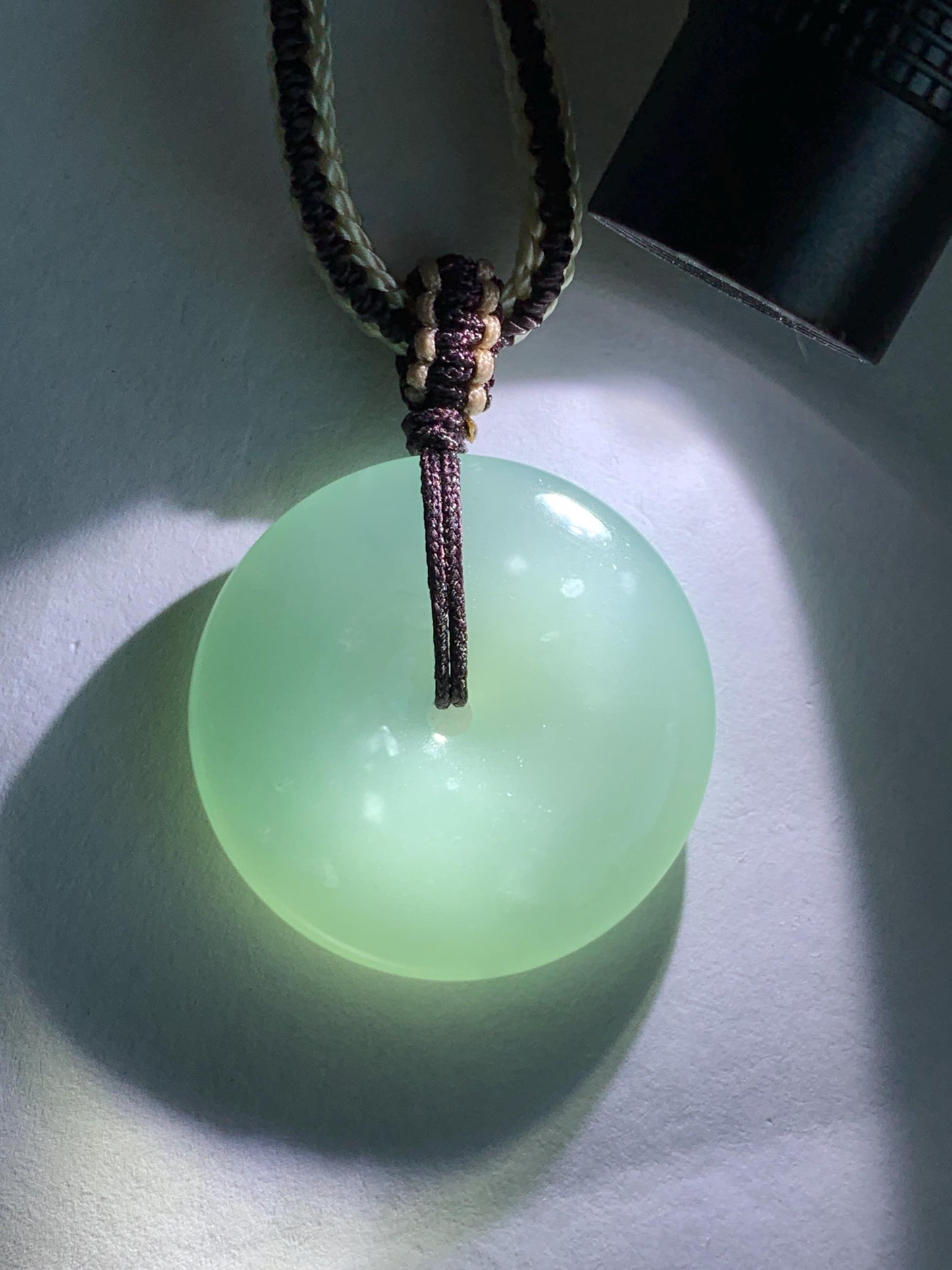 Natural Grade A Guatemalan Icy Translucent Pastel Teal Jade Jadeite Ping An Kou Donut Pendant Rope Necklace 28” 10g 天然冰危浅蓝绿翡翠平安扣吊坠 WPA55